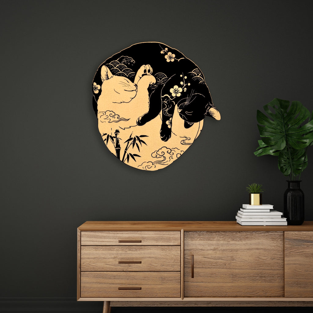 Yin Yang Kediler (Japon) Metal Tablo