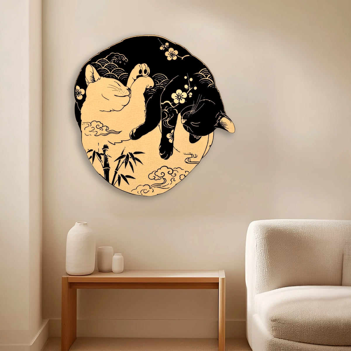 Yin Yang Kediler (Japon) Metal Tablo