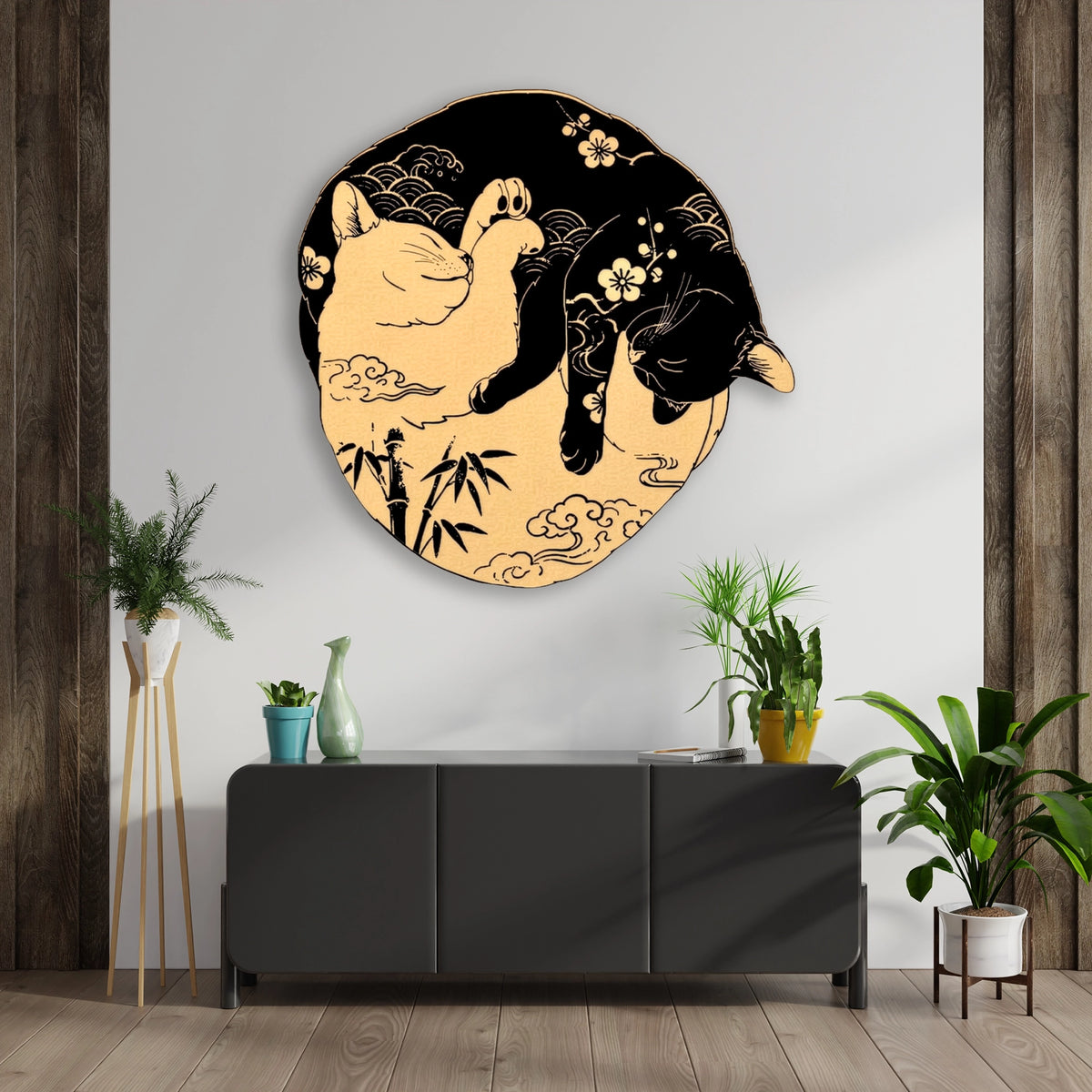 Yin Yang Kediler (Japon) Metal Tablo