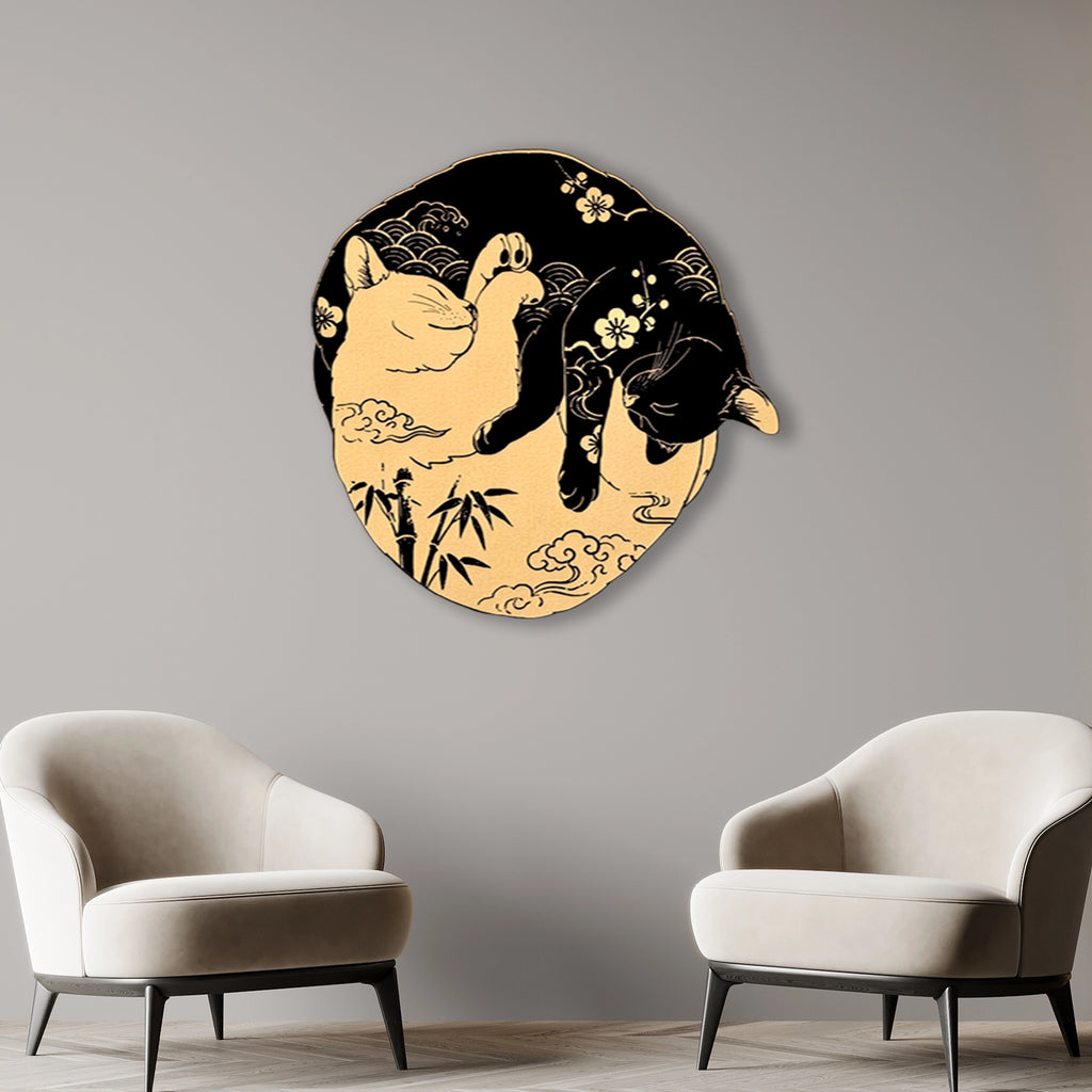 Yin Yang Kediler (Japon) Metal Tablo