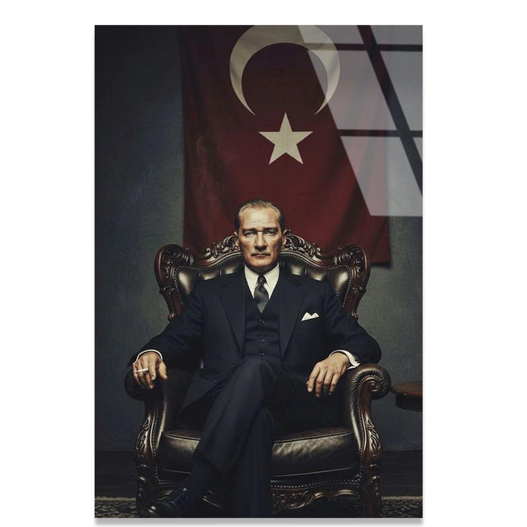 ATATÜRK TÜRK BAYRAĞI ÖNÜNDE - CAM TABLO - DEG0590