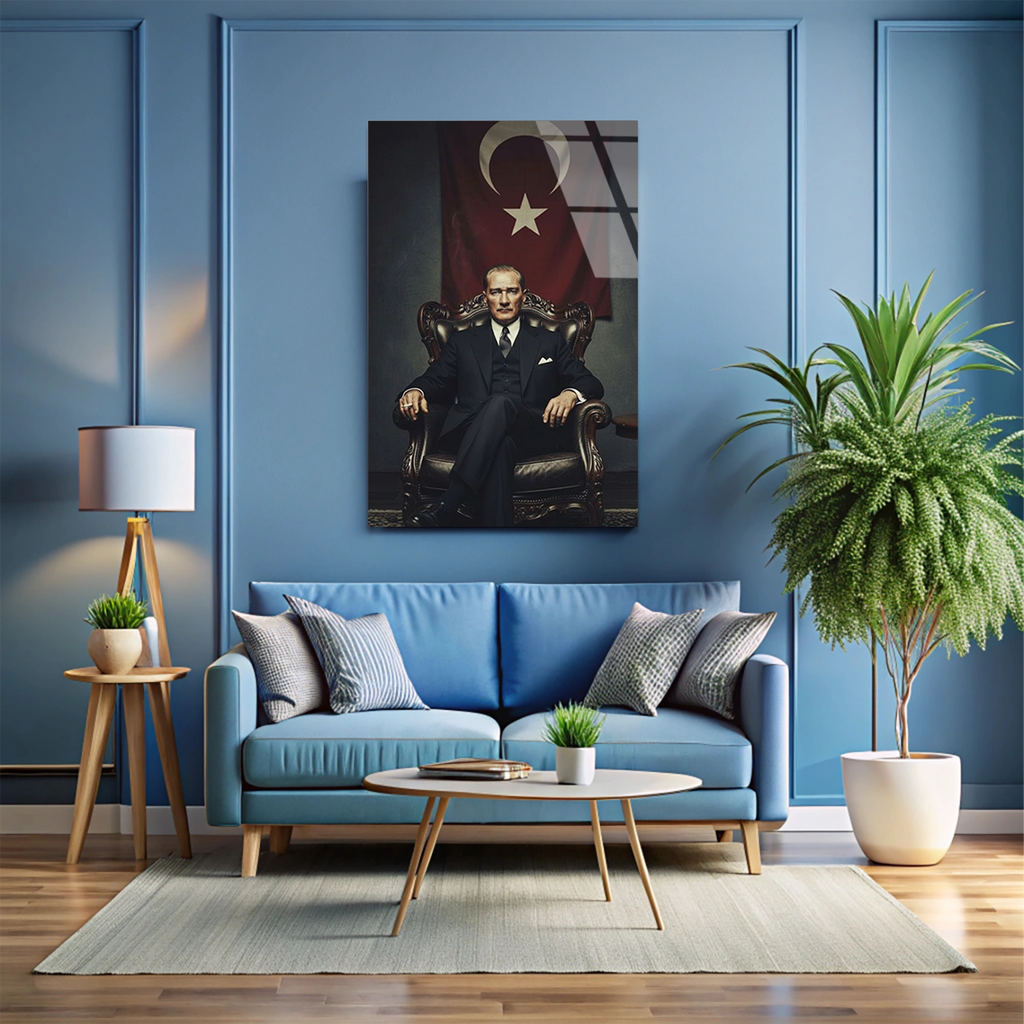 ATATÜRK TÜRK BAYRAĞI ÖNÜNDE - CAM TABLO - DEG0590