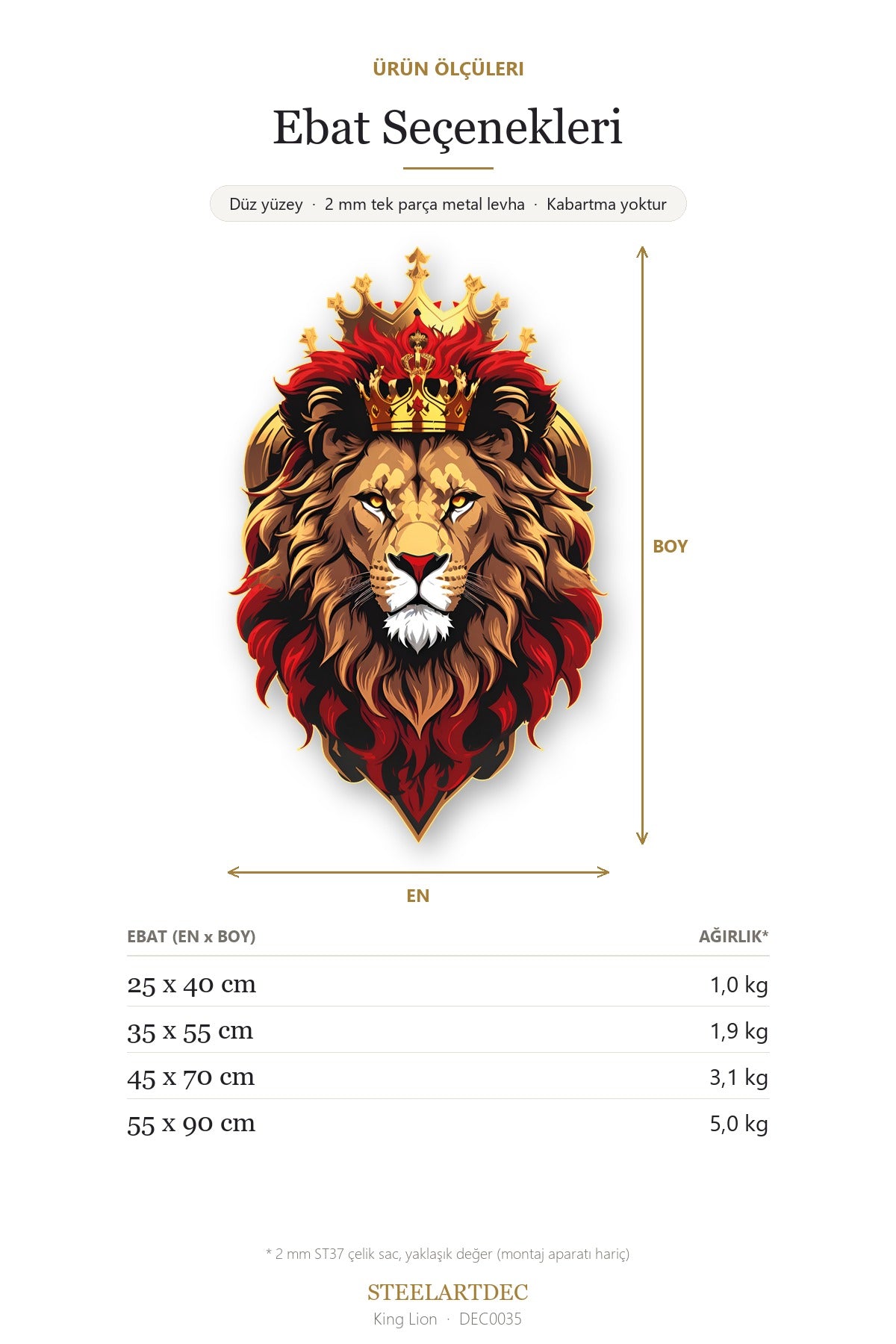 King Lion Renkli Metal Tablo – Aslan Kral Temalı Duvar Dekoru DEC0035 — Açıklama: Ebat Seçenekleri