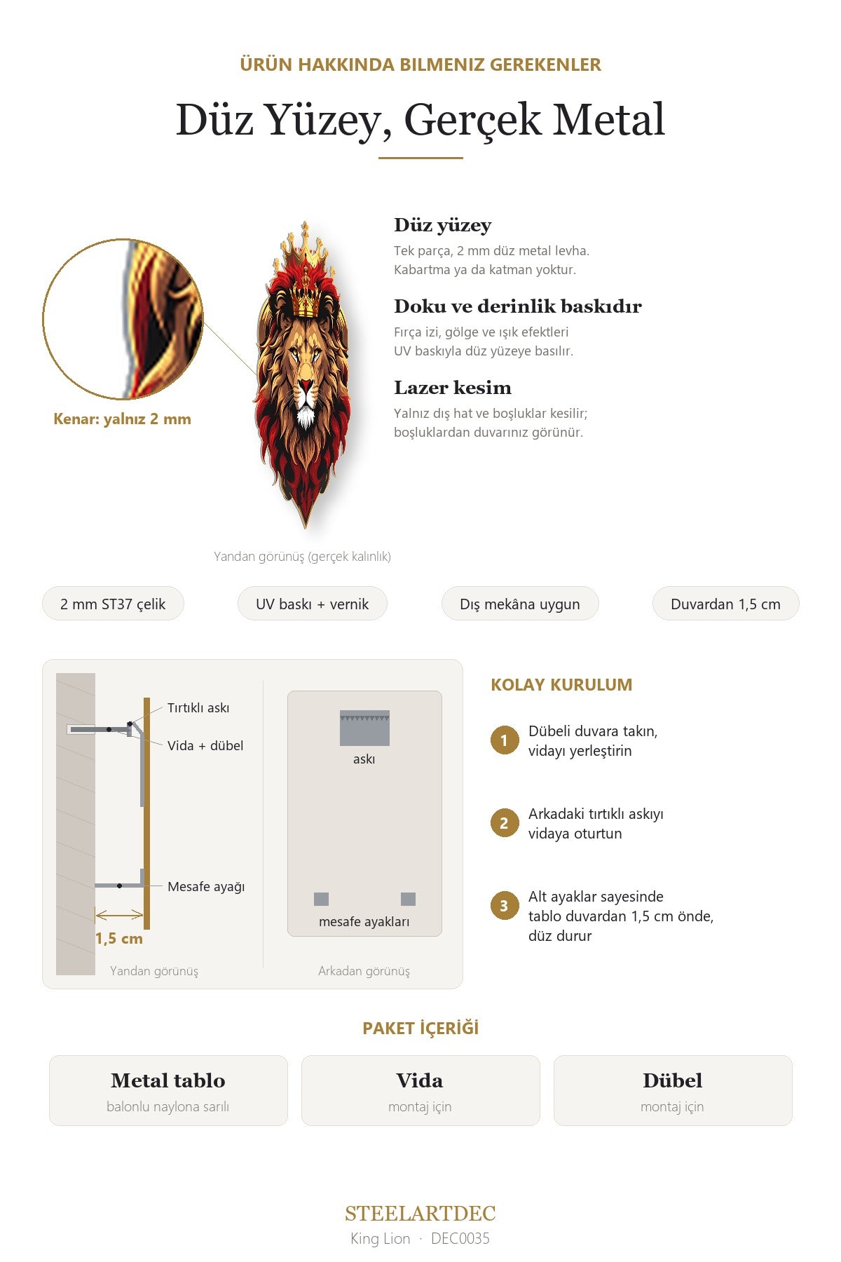 King Lion Renkli Metal Tablo – Aslan Kral Temalı Duvar Dekoru DEC0035 — Açıklama: Düz Yüzey ve Montaj
