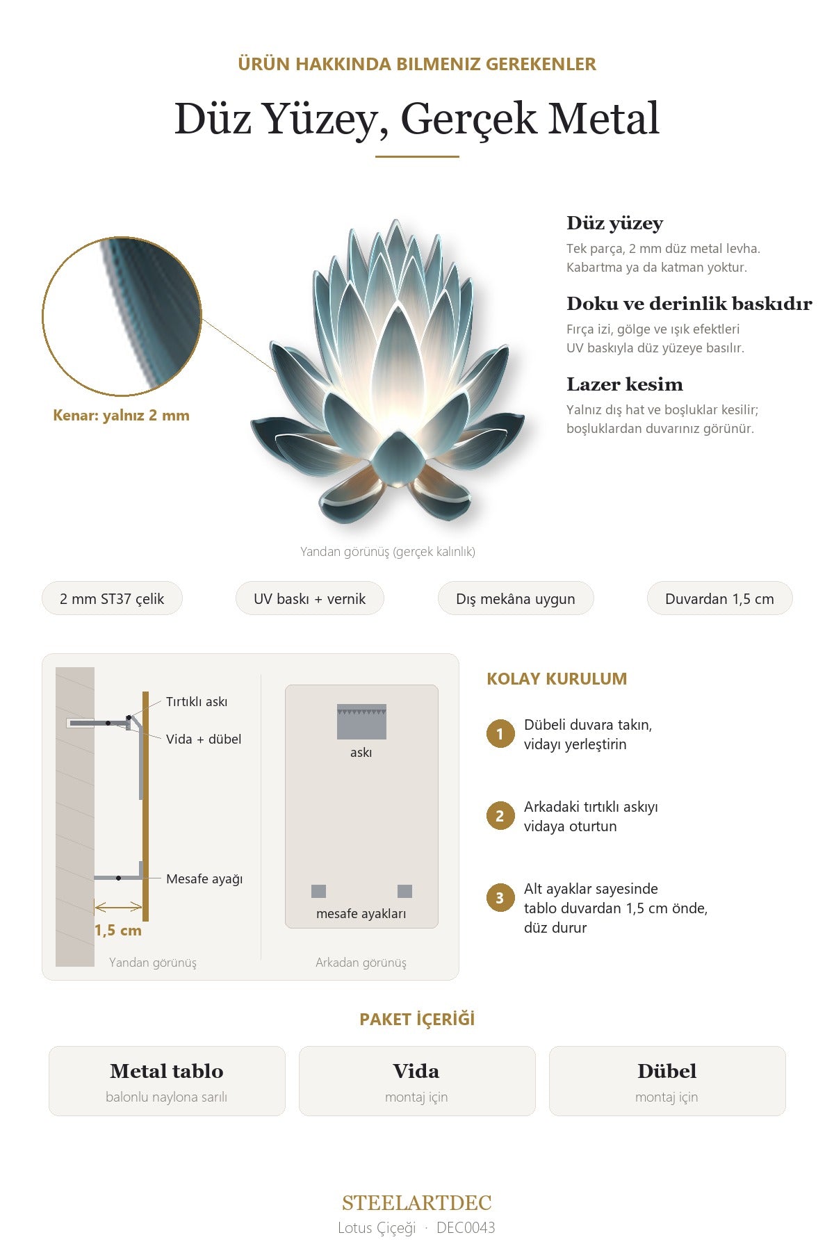 Lotus Çiçeği Metal Tablo – Zen Temalı Duvar Dekoru DEC0043 — Açıklama: Düz Yüzey ve Montaj