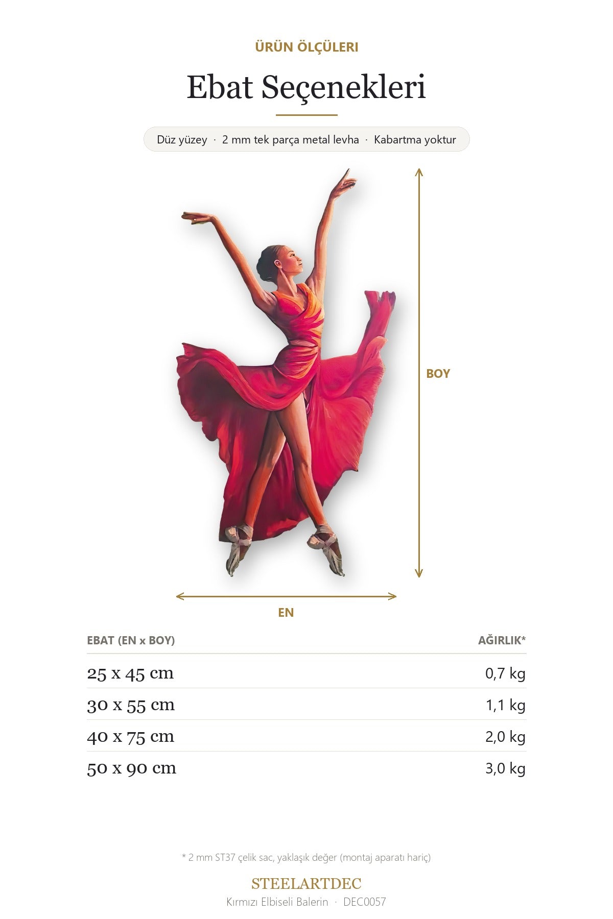 Kırmızı Elbiseli Balerin Metal Tablo – Zarafetin Dansı Duvar Dekoru DEC0057 — Açıklama: Ebat Seçenekleri