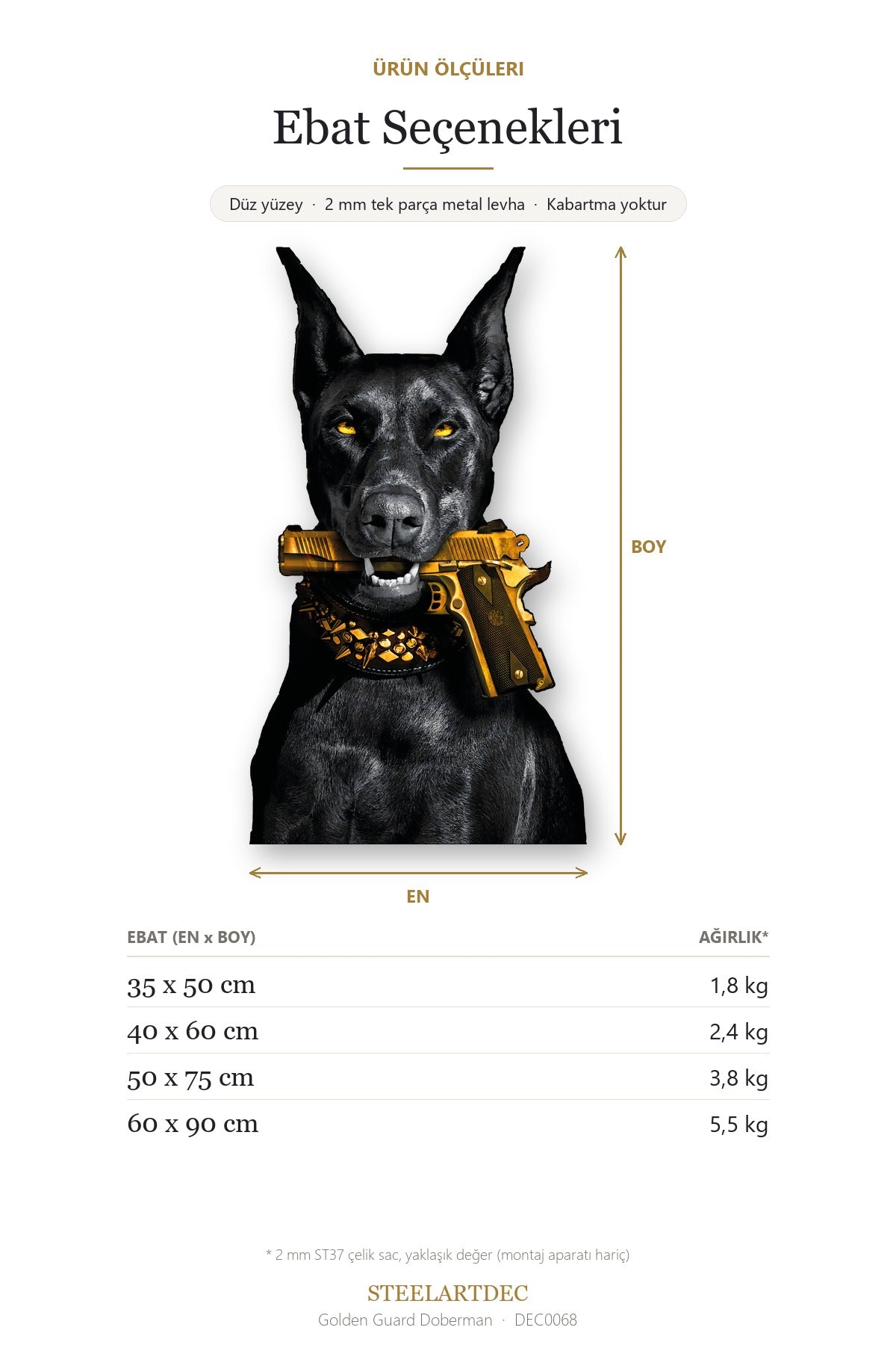 Golden Guard Doberman Metal Tablo – Altın Detaylı Karizmatik Duvar Dekoru DEC0068 — Açıklama: Ebat Seçenekleri