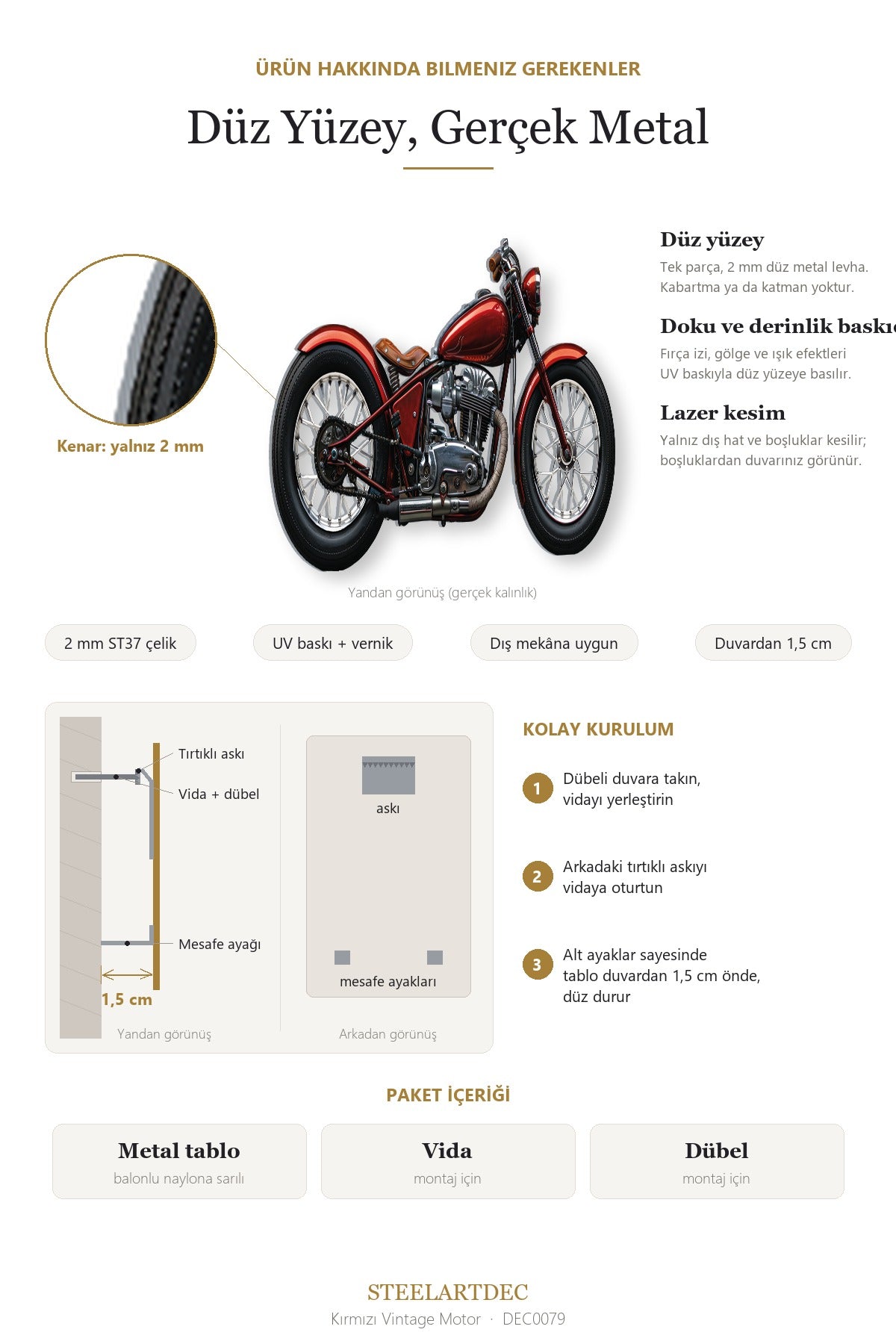 Kırmızı Vintage Motor Metal Tablo – Retro Duvar Dekoru DEC0079 — Açıklama: Düz Yüzey ve Montaj