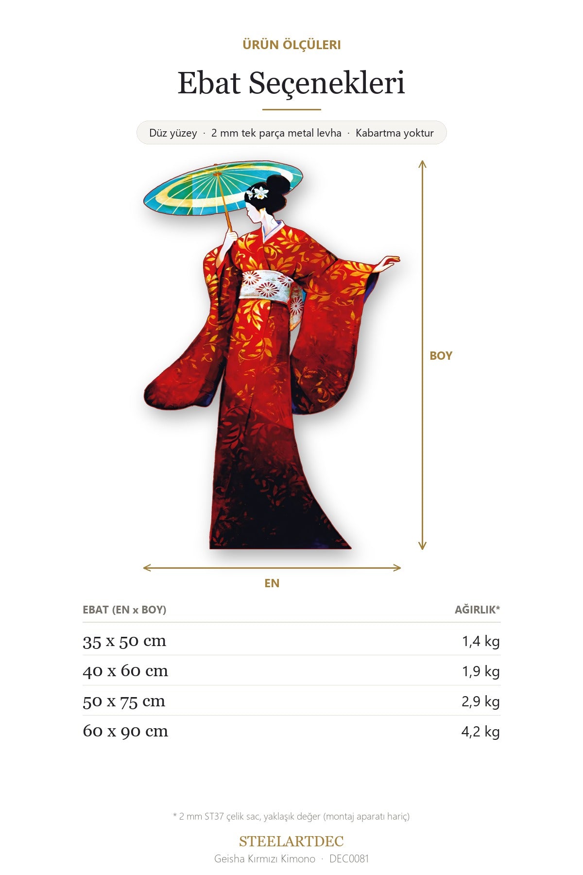 Geisha Kırmızı Kimono Metal Tablo – Japon Sanatı Temalı Duvar Dekoru DEC0081 — Açıklama: Ebat Seçenekleri