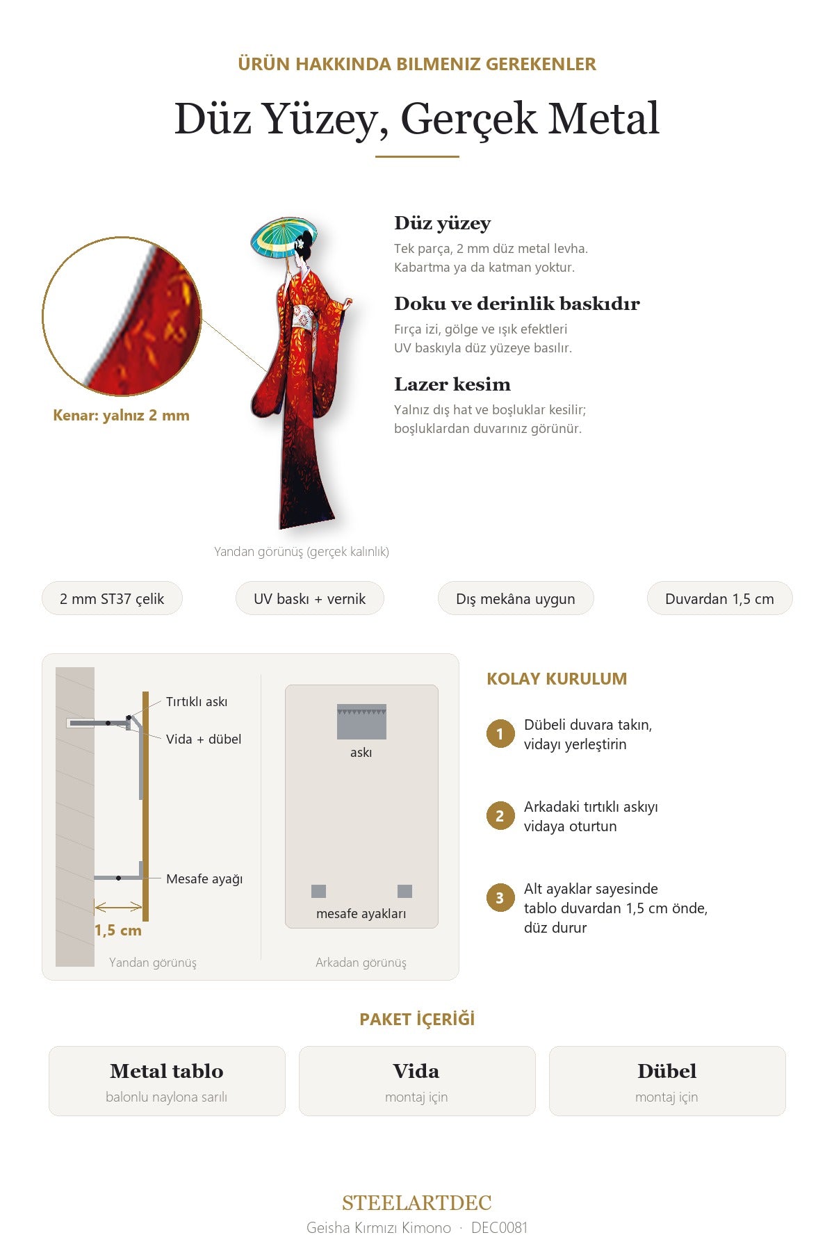 Geisha Kırmızı Kimono Metal Tablo – Japon Sanatı Temalı Duvar Dekoru DEC0081 — Açıklama: Düz Yüzey ve Montaj