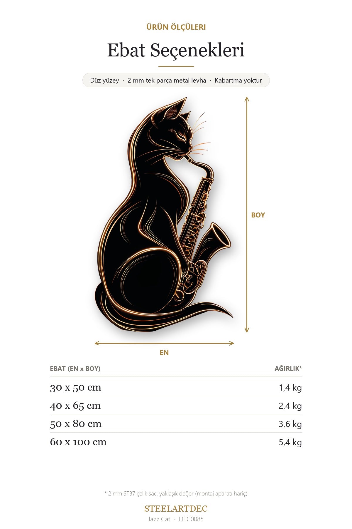 Jazz Cat Metal Tablo – Saksafon Çalan Kedi Temalı Caz Duvar Dekoru DEC0085 — Açıklama: Ebat Seçenekleri