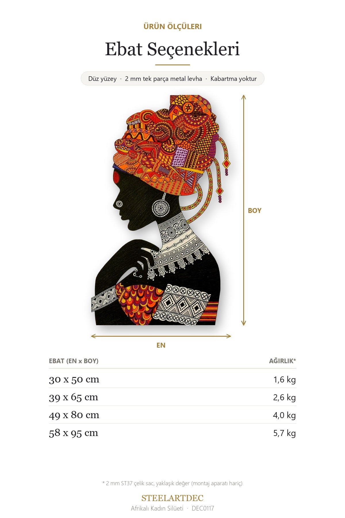 Afrikalı Kadın Silüeti Metal Tablo DEC0117 — Açıklama: Ebat Seçenekleri