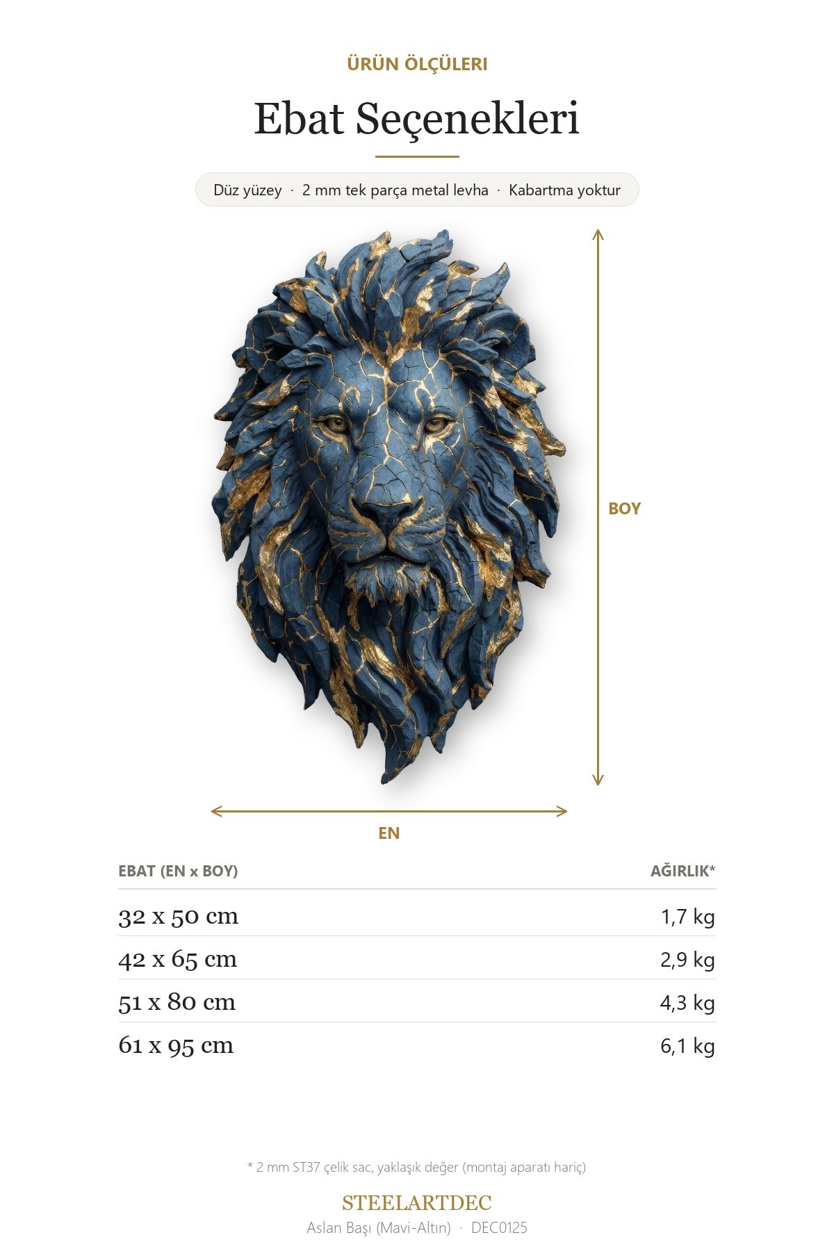Aslan Başı (Mavi-Altın) Metal Tablo DEC0125 — Açıklama: Ebat Seçenekleri