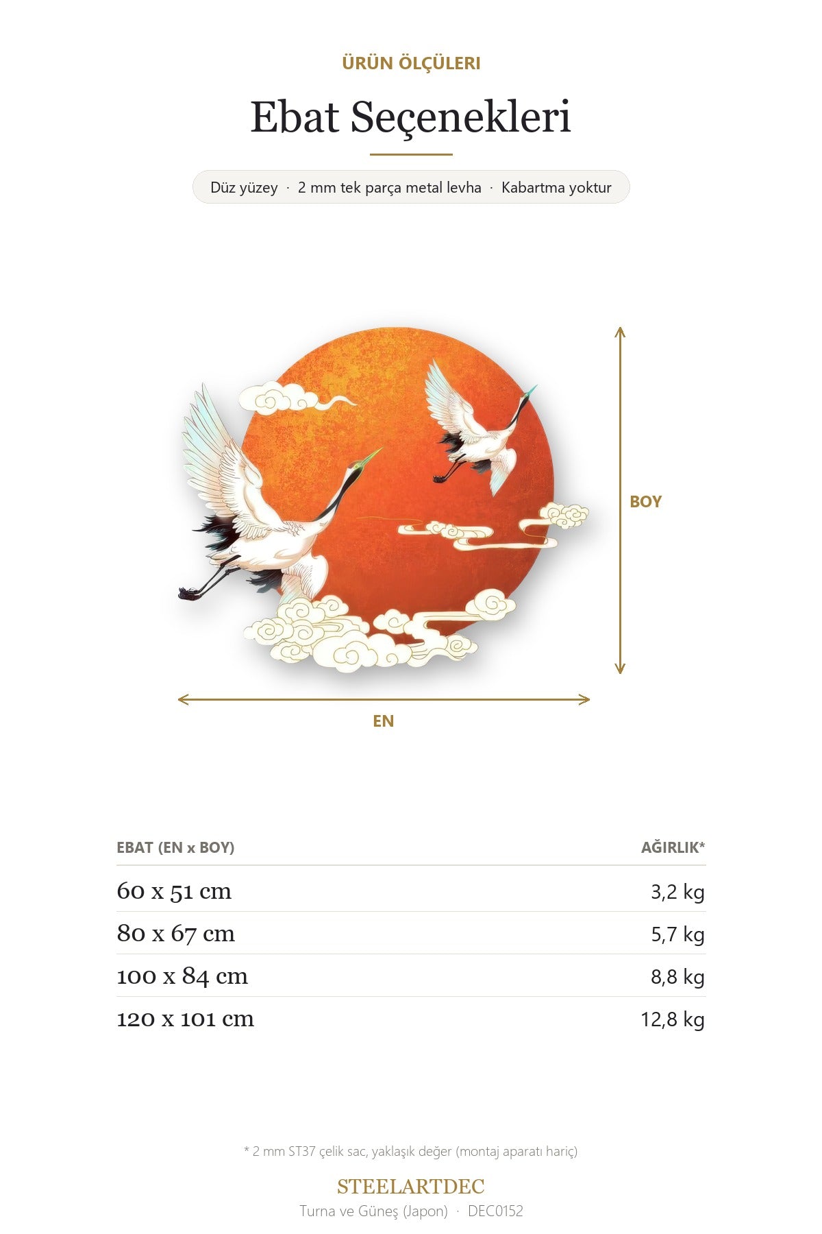 Turna ve Güneş (Japon) Metal Tablo DEC0152 — Açıklama: Ebat Seçenekleri