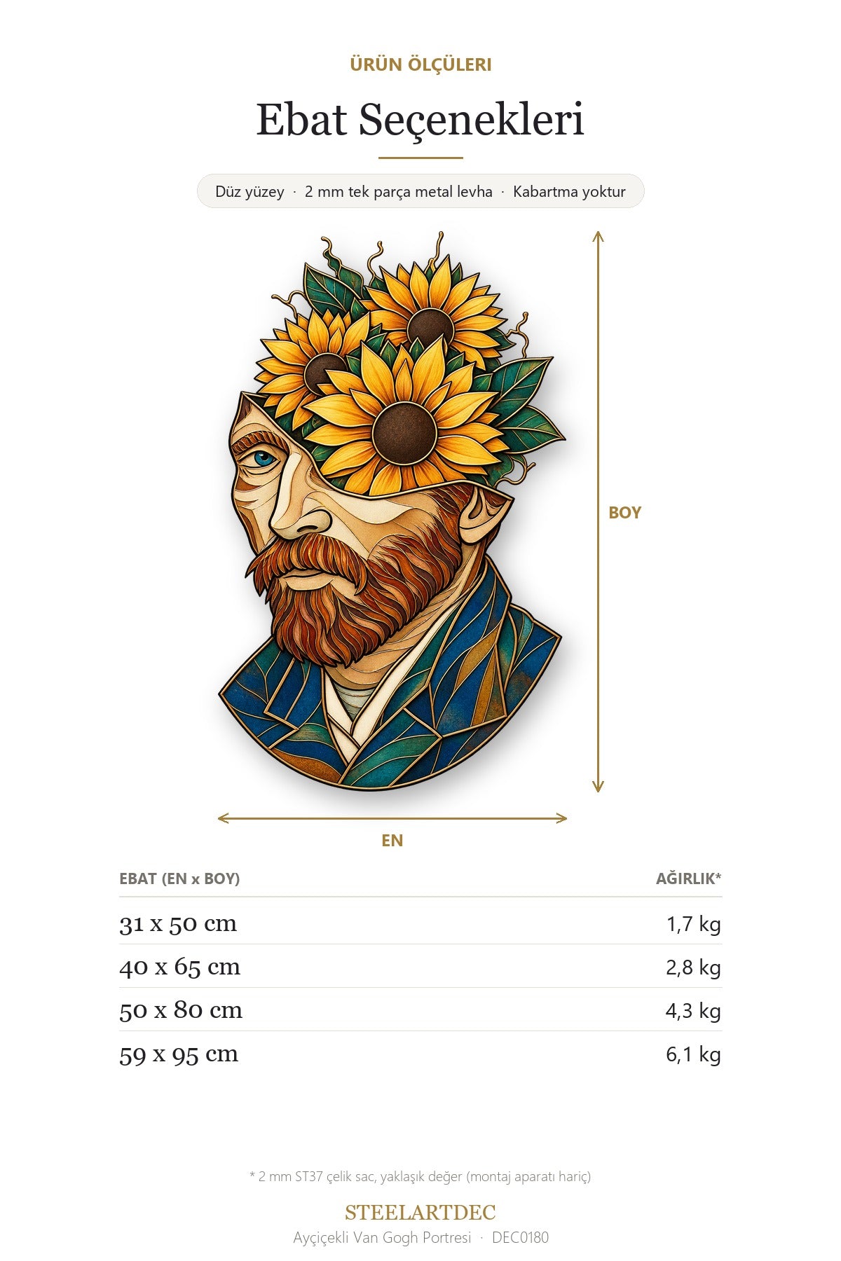 Ayçiçekli Van Gogh Portresi Metal Tablo DEC0180 — Açıklama: Ebat Seçenekleri