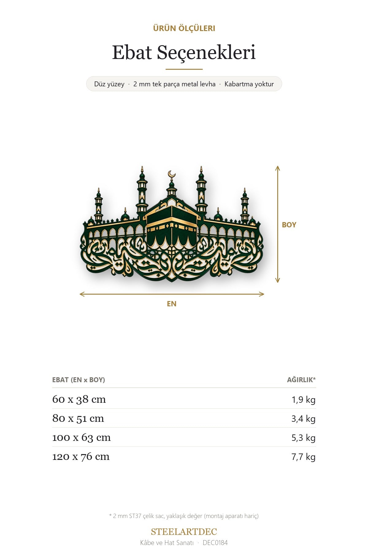 Kâbe ve Hat Sanatı Metal Tablo DEC0184 — Açıklama: Ebat Seçenekleri