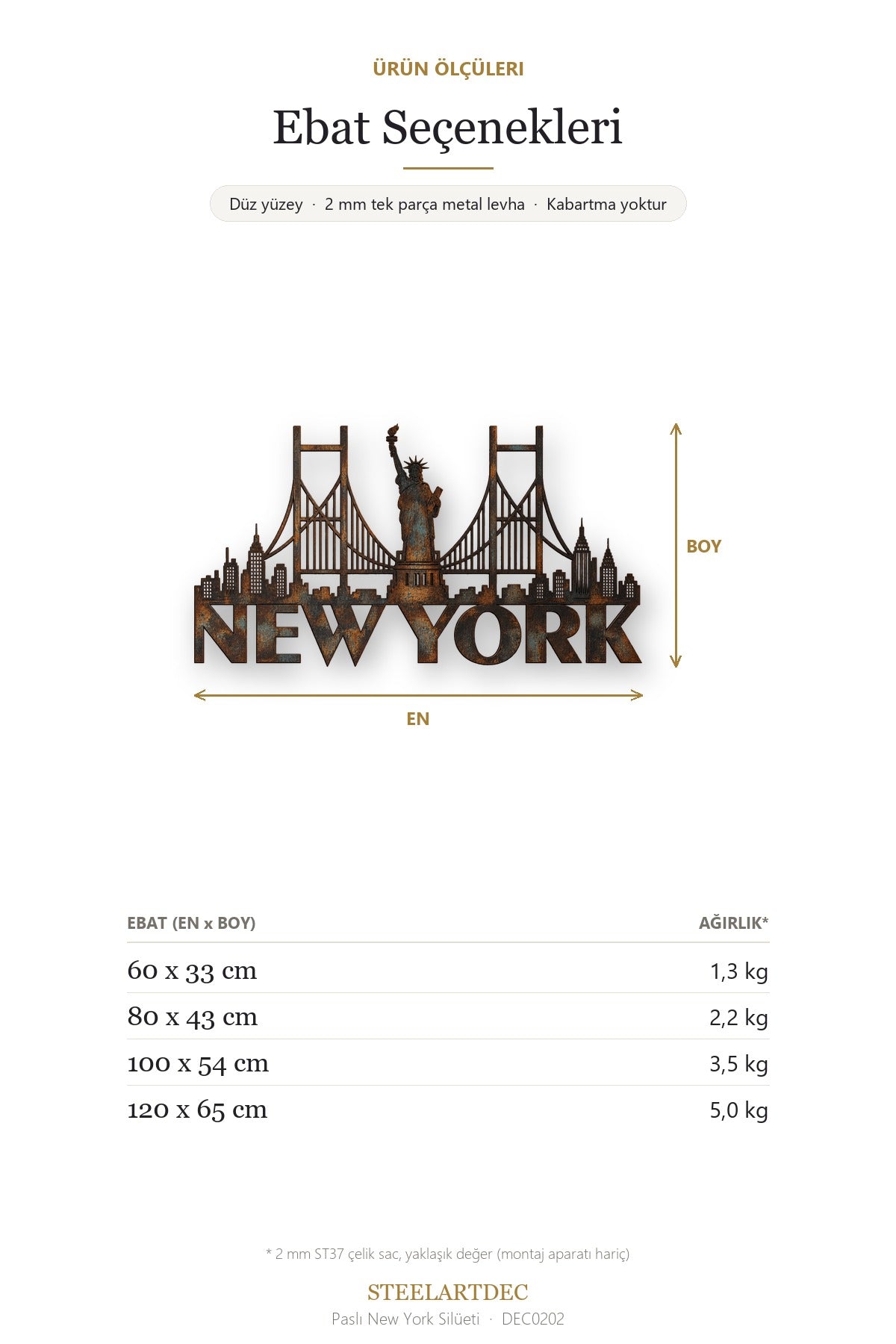 Paslı New York Silüeti Metal Tablo DEC0202 — Açıklama: Ebat Seçenekleri