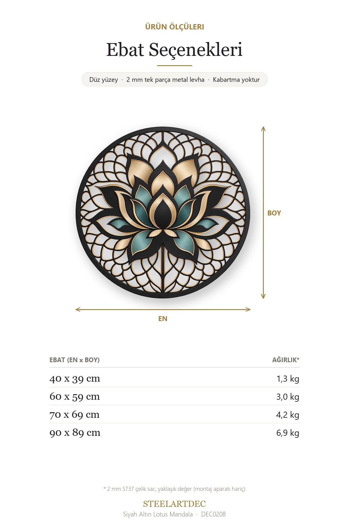 Siyah Altın Lotus Mandala Metal Tablo DEC0208 — Açıklama: Ebat Seçenekleri