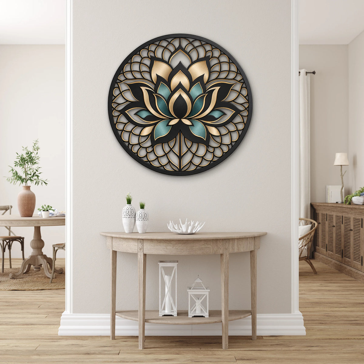 Siyah Altın Lotus Mandala Metal Tablo DEC0208