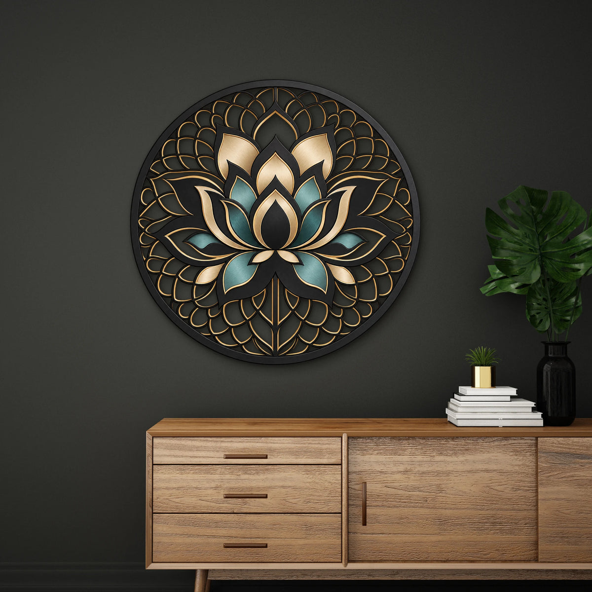 Siyah Altın Lotus Mandala Metal Tablo DEC0208