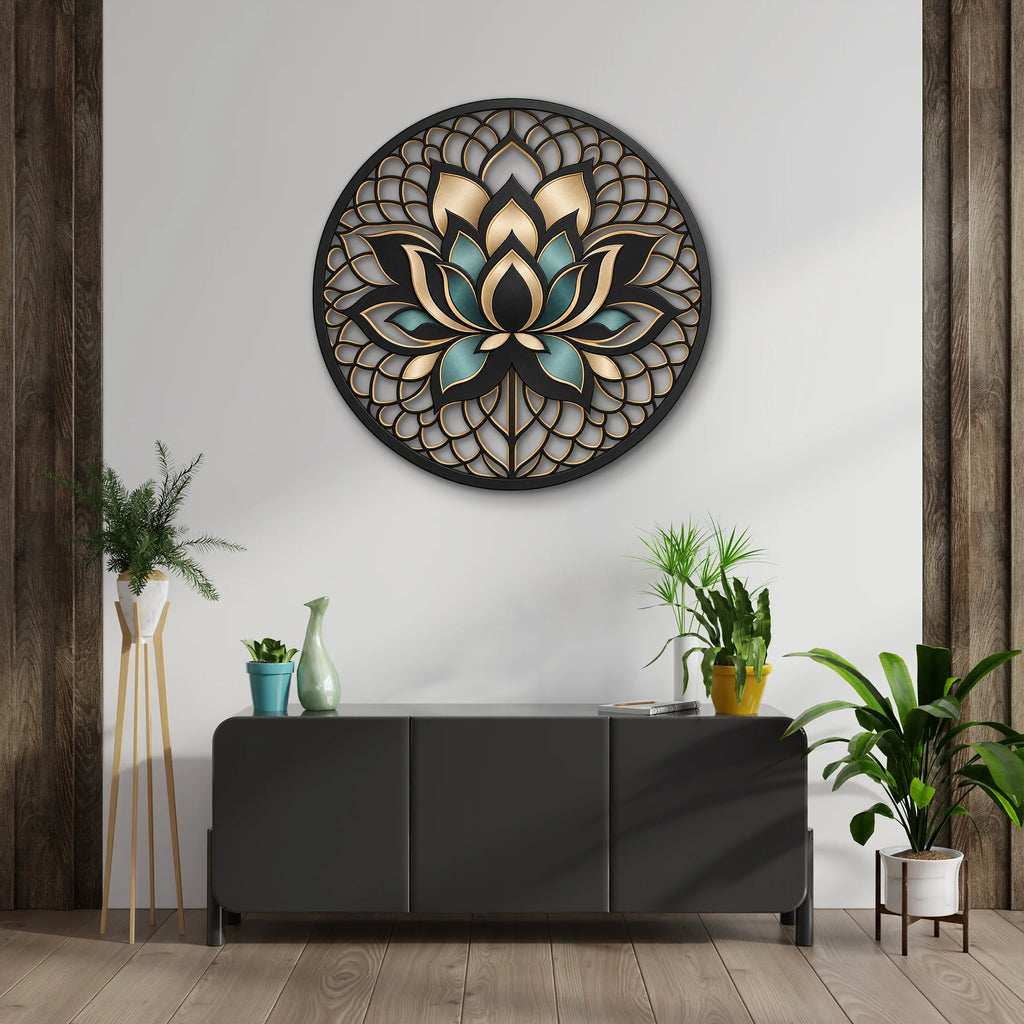 Siyah Altın Lotus Mandala Metal Tablo DEC0208