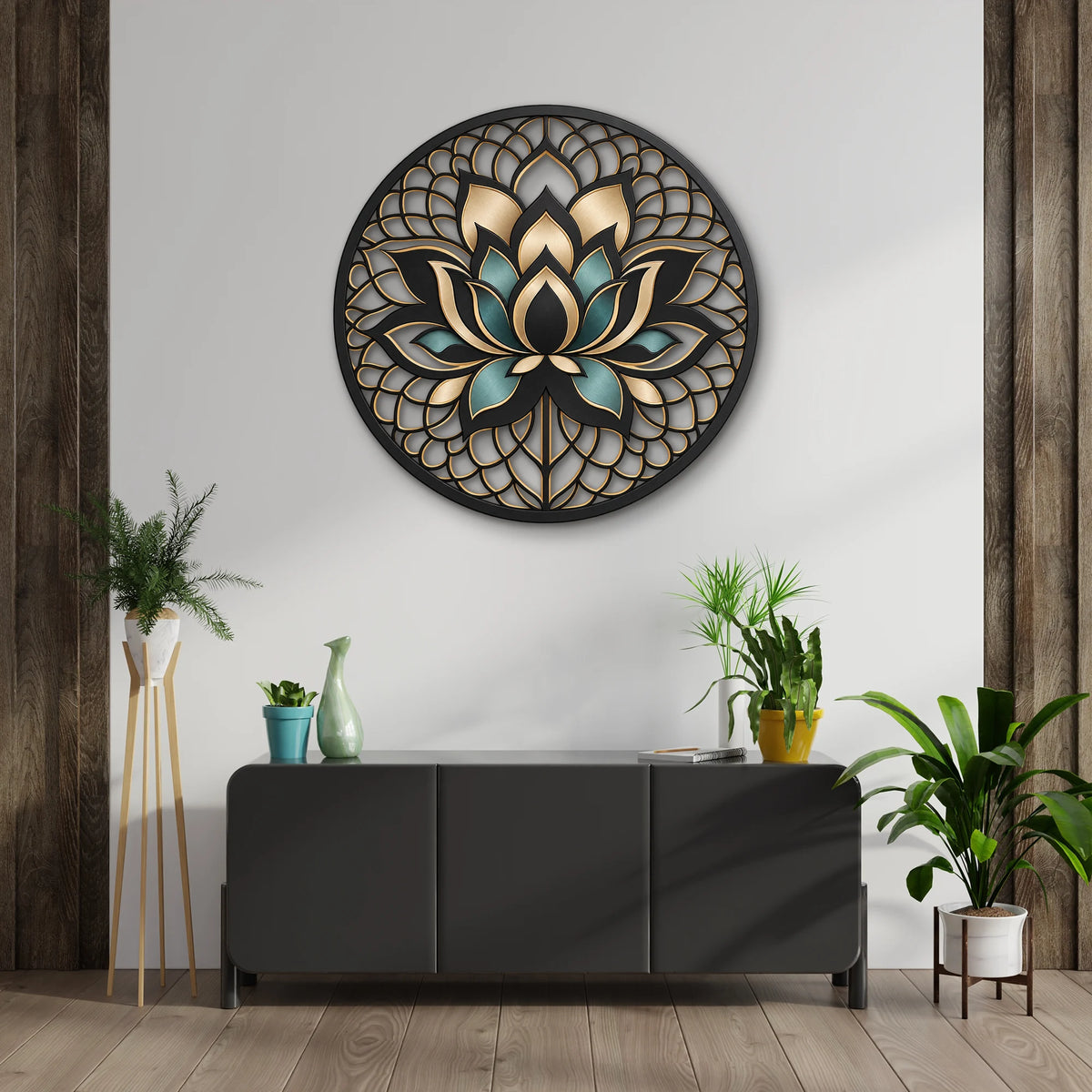 Siyah Altın Lotus Mandala Metal Tablo DEC0208