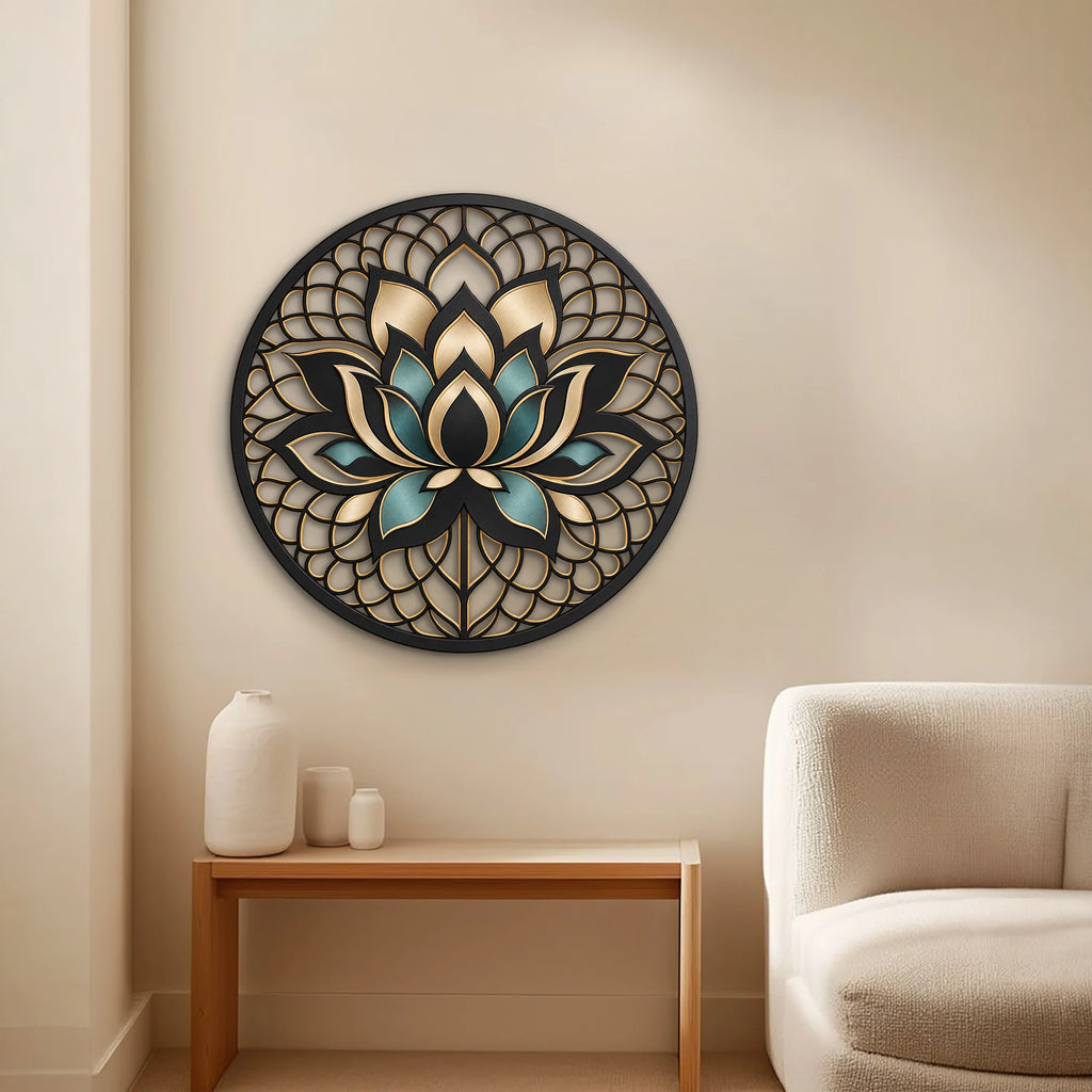 Siyah Altın Lotus Mandala Metal Tablo DEC0208