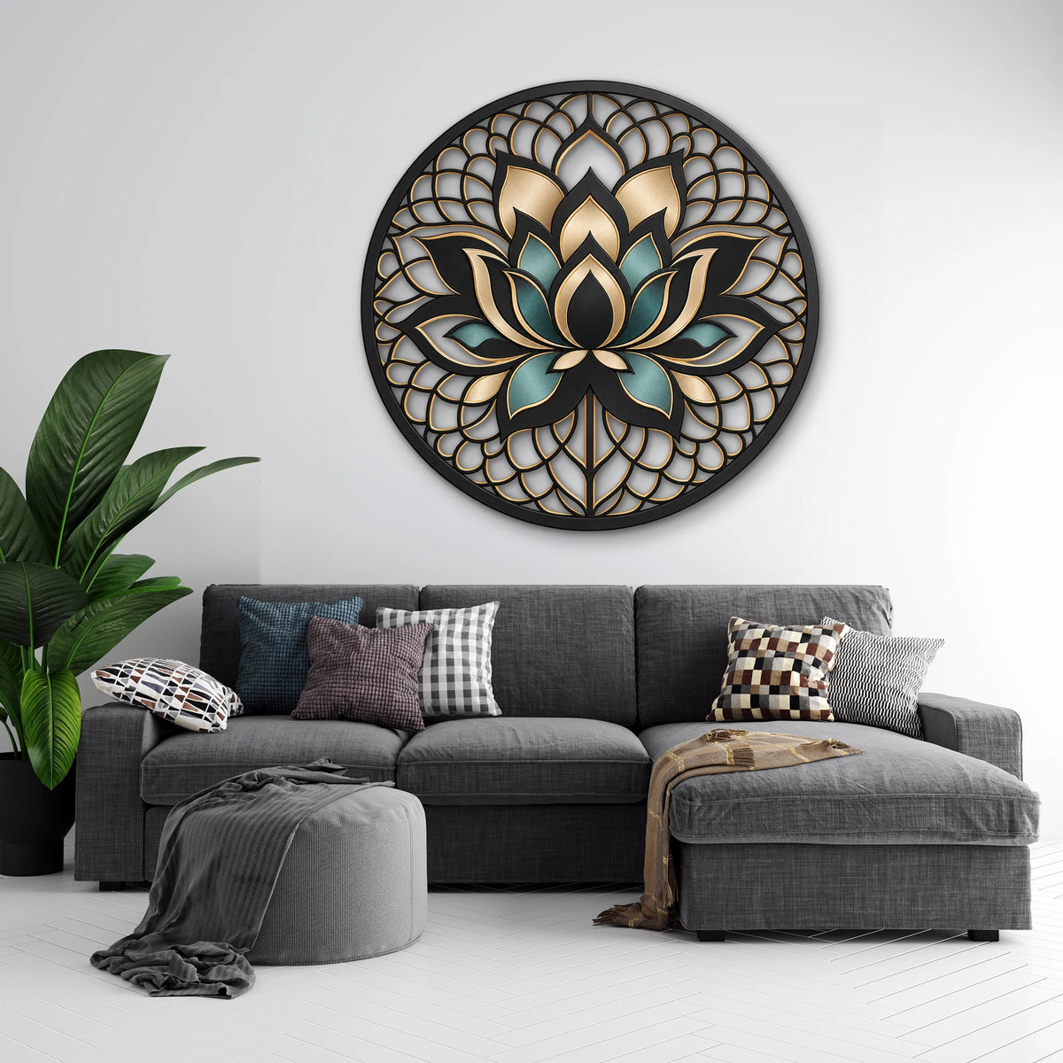 Siyah Altın Lotus Mandala Metal Tablo DEC0208