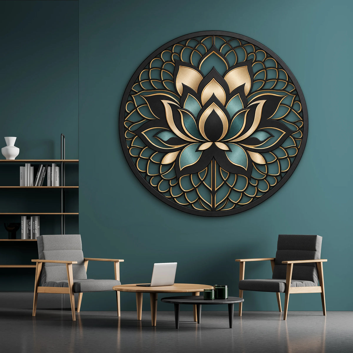 Siyah Altın Lotus Mandala Metal Tablo DEC0208