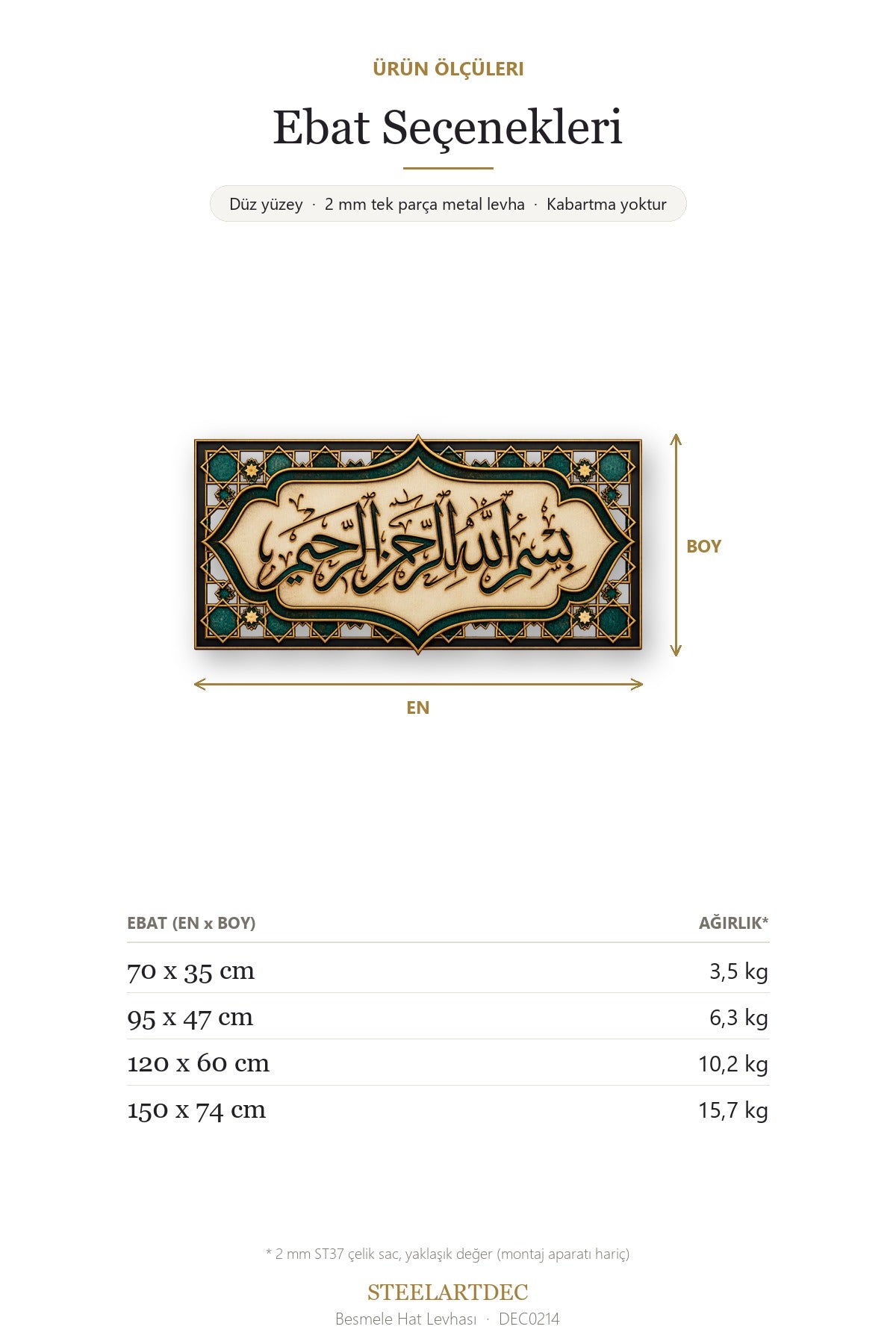 Besmele Hat Levhası Metal Tablo DEC0214 — Açıklama: Ebat Seçenekleri