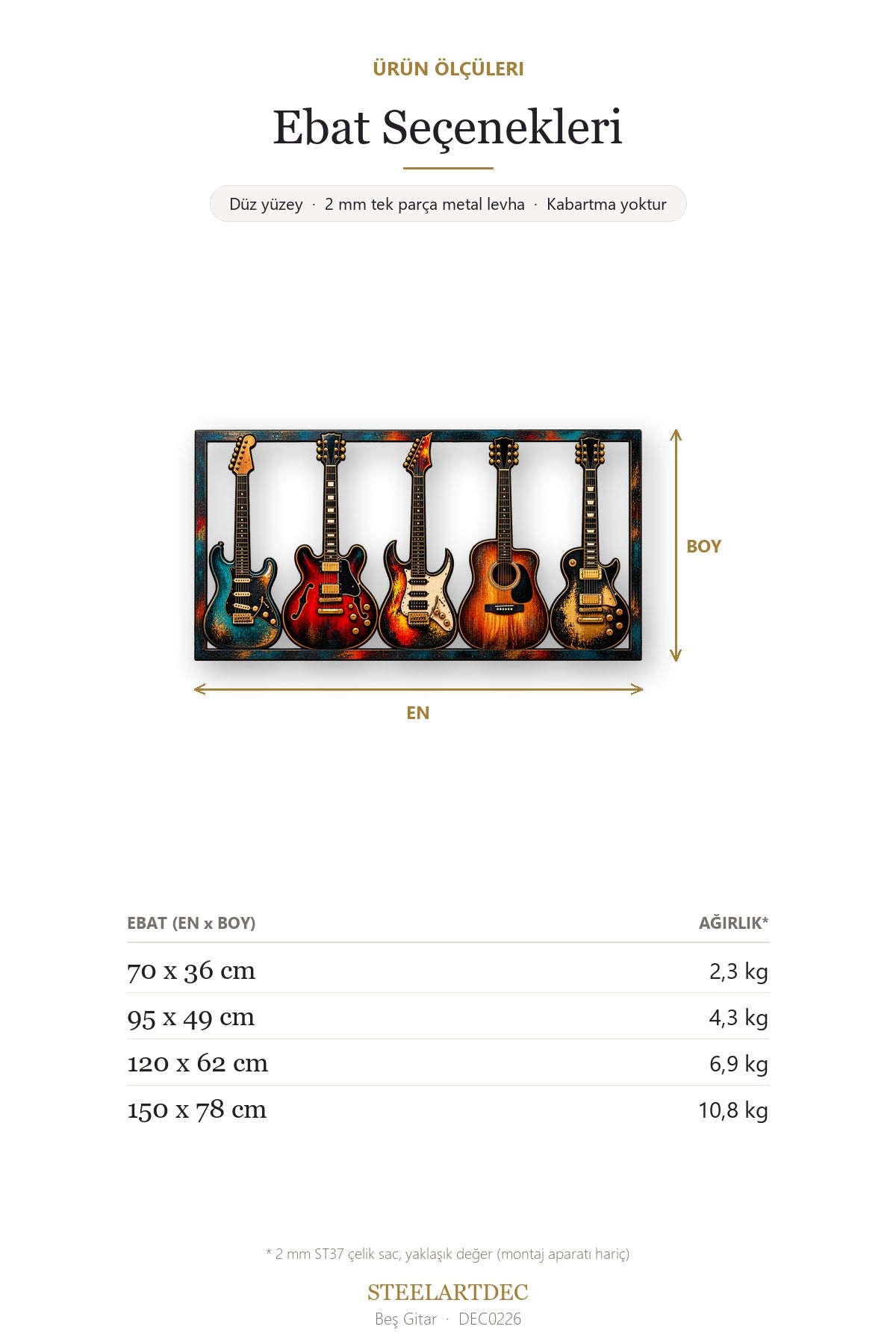 Beş Gitar Metal Tablo DEC0226 — Açıklama: Ebat Seçenekleri
