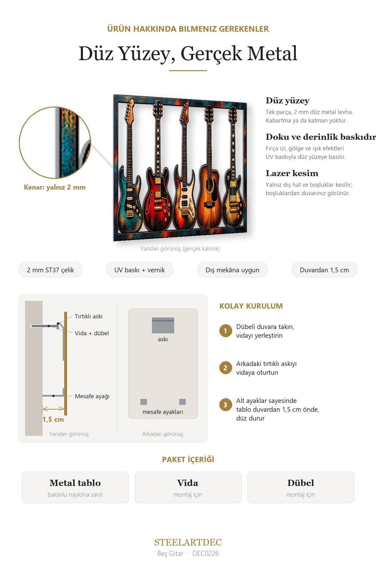 Beş Gitar Metal Tablo DEC0226 — Açıklama: Düz Yüzey ve Montaj