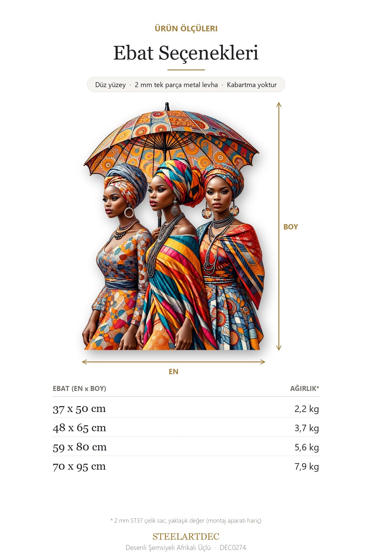Desenli Şemsiyeli Afrikalı Üçlü Metal Tablo DEC0274 — Açıklama: Ebat Seçenekleri