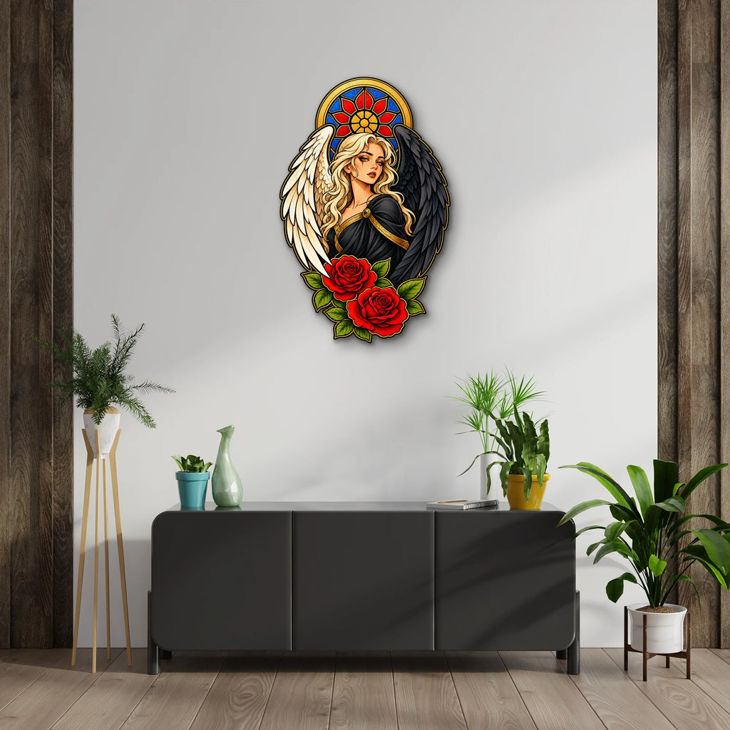 Siyah ve Beyaz Kanatlı Vitray Melek Metal Tablo DEC0278