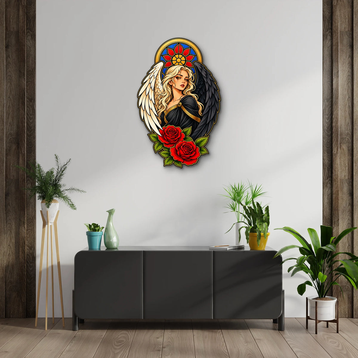 Siyah ve Beyaz Kanatlı Vitray Melek Metal Tablo DEC0278