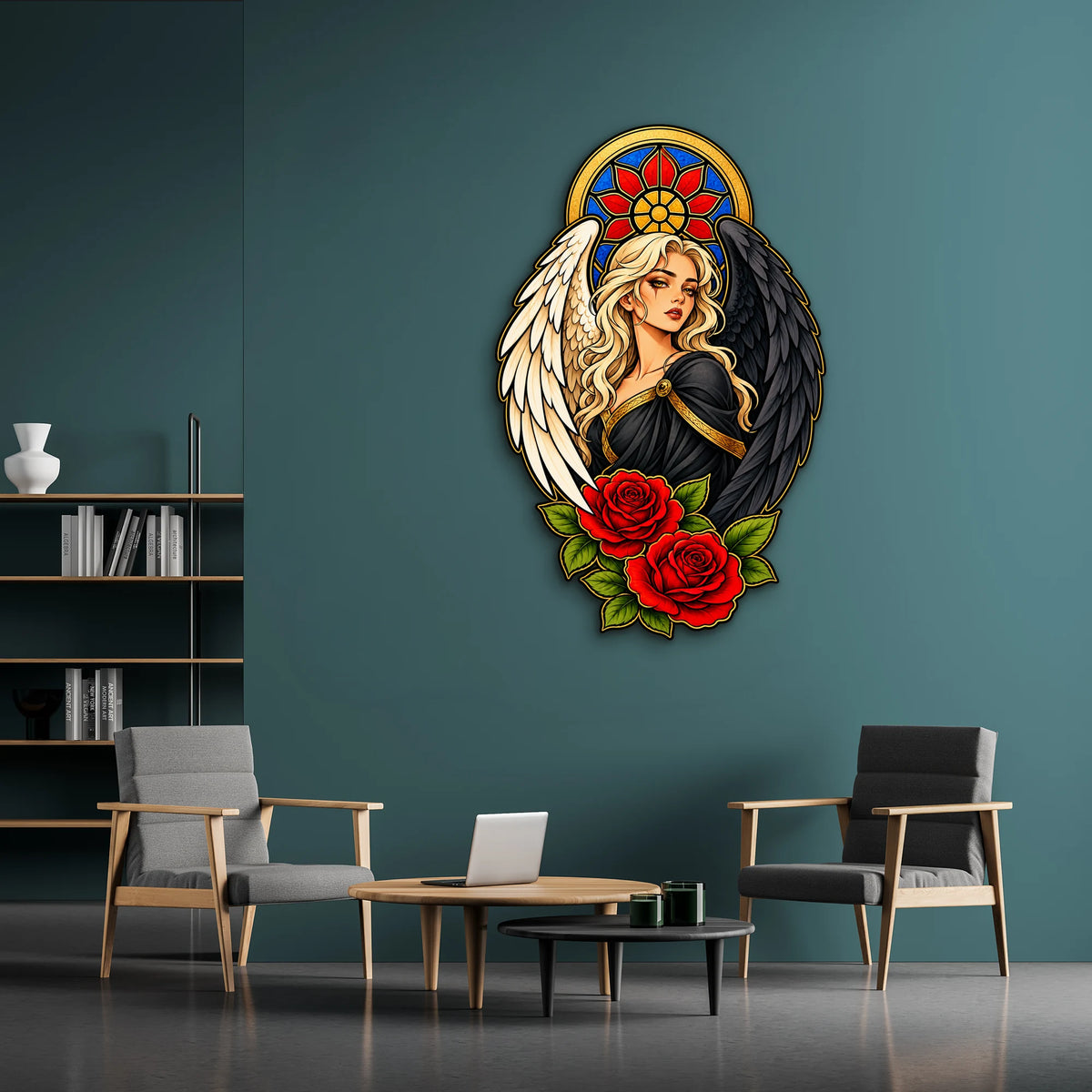 Siyah ve Beyaz Kanatlı Vitray Melek Metal Tablo DEC0278