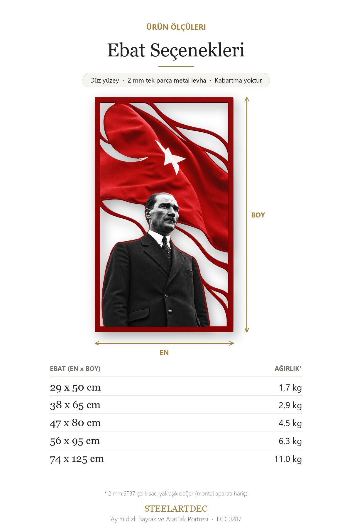Ay Yıldızlı Bayrak ve Atatürk Portresi Metal Tablo DEC0287 — Açıklama: Ebat Seçenekleri