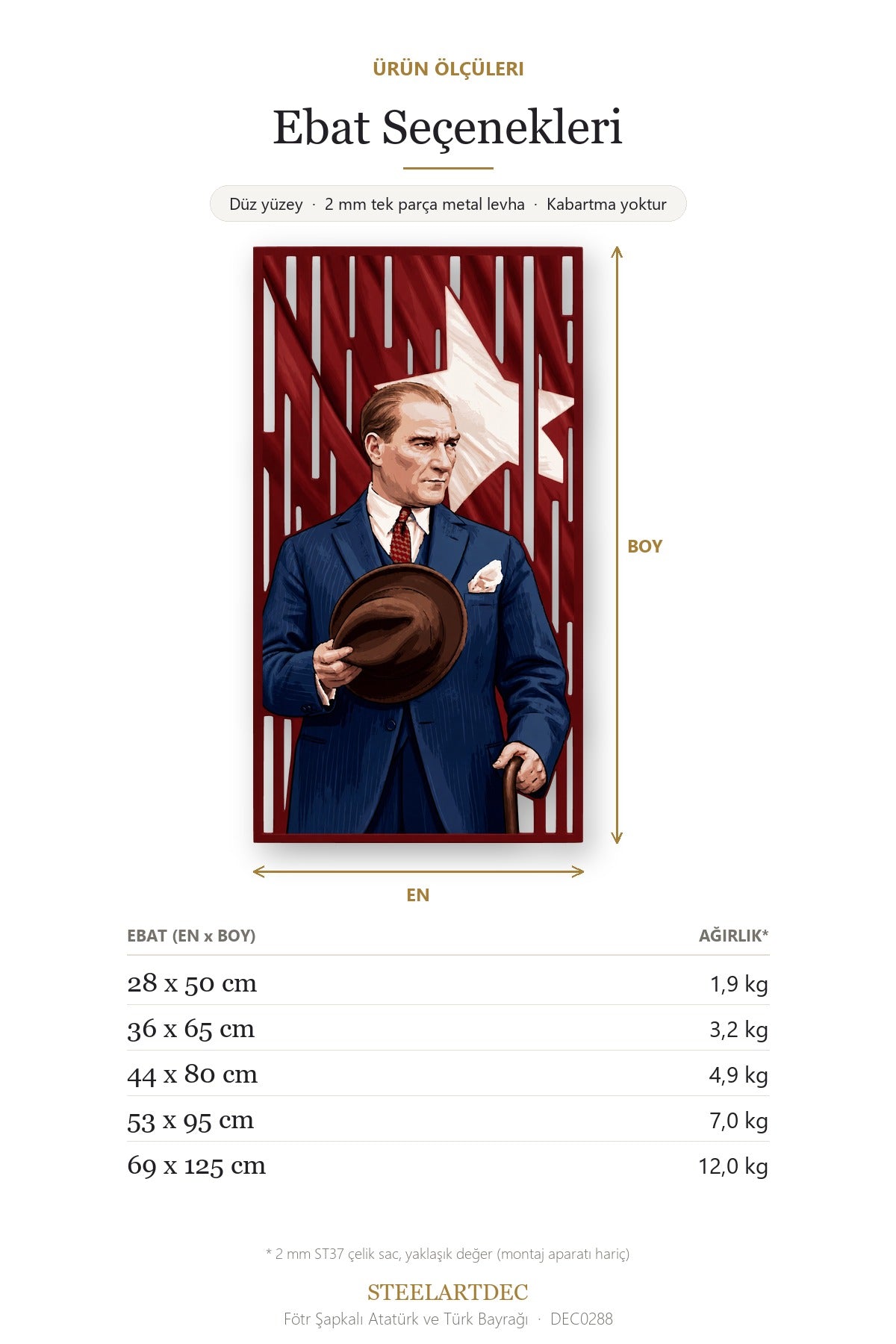 Fötr Şapkalı Atatürk ve Türk Bayrağı Metal Tablo DEC0288 — Açıklama: Ebat Seçenekleri