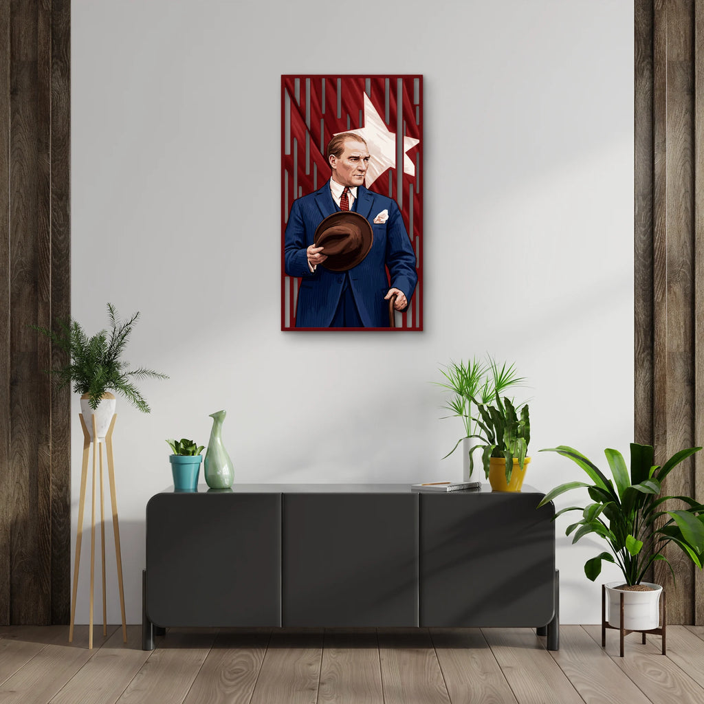 Fötr Şapkalı Atatürk ve Türk Bayrağı Metal Tablo DEC0288