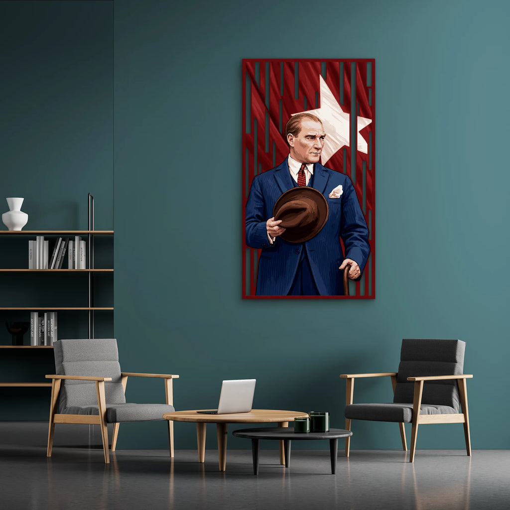 Fötr Şapkalı Atatürk ve Türk Bayrağı Metal Tablo DEC0288