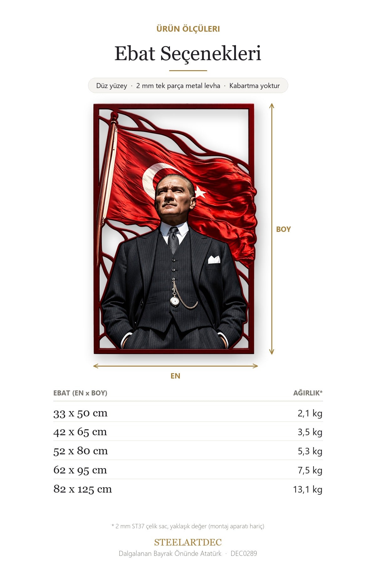 Dalgalanan Bayrak Önünde Atatürk Metal Tablo DEC0289 — Açıklama: Ebat Seçenekleri