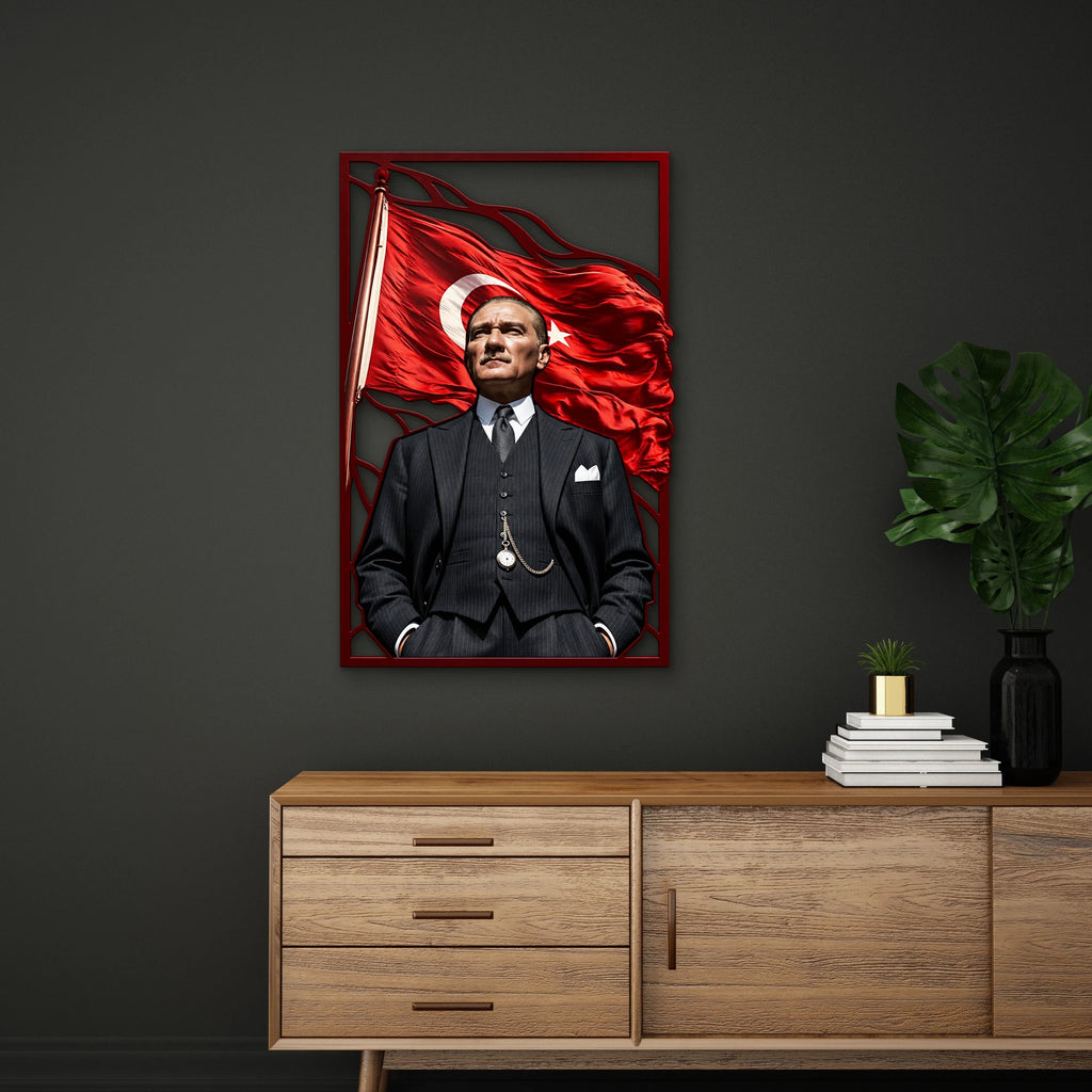 Dalgalanan Bayrak Önünde Atatürk Metal Tablo DEC0289