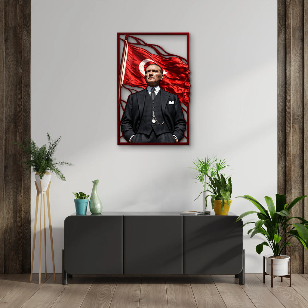 Dalgalanan Bayrak Önünde Atatürk Metal Tablo DEC0289