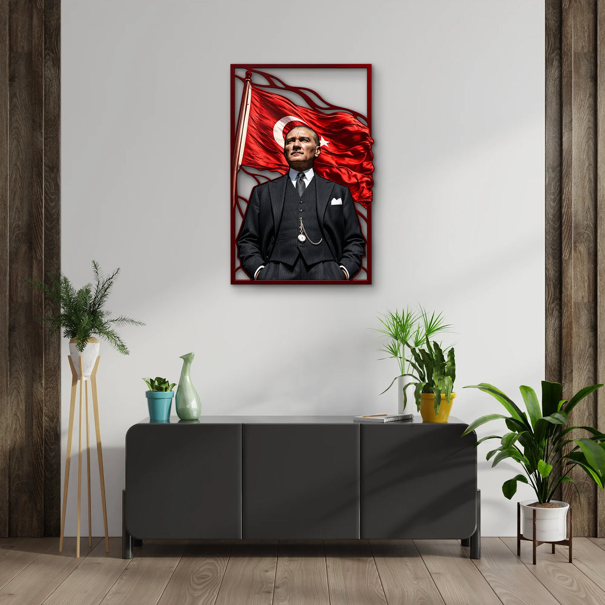 Dalgalanan Bayrak Önünde Atatürk Metal Tablo DEC0289