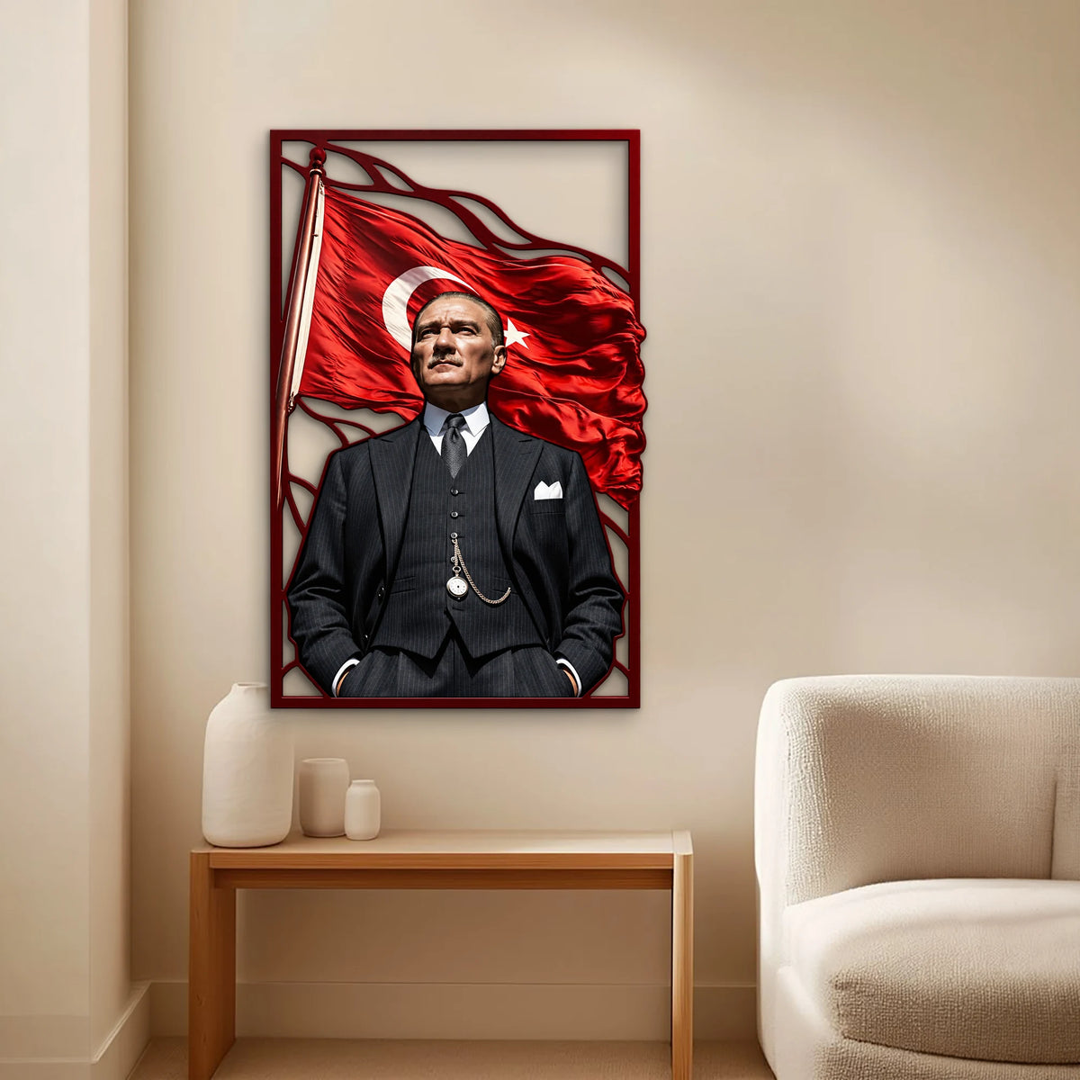 Dalgalanan Bayrak Önünde Atatürk Metal Tablo DEC0289