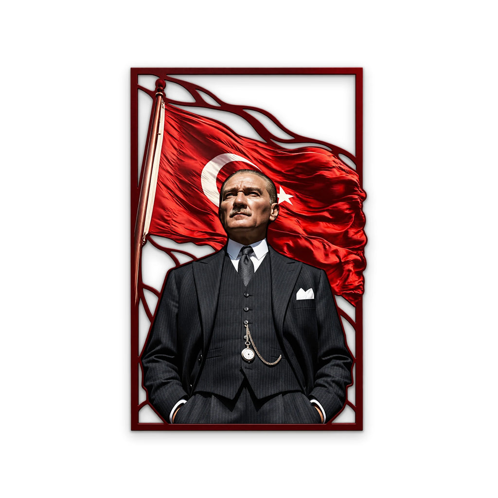 Dalgalanan Bayrak Önünde Atatürk Metal Tablo DEC0289