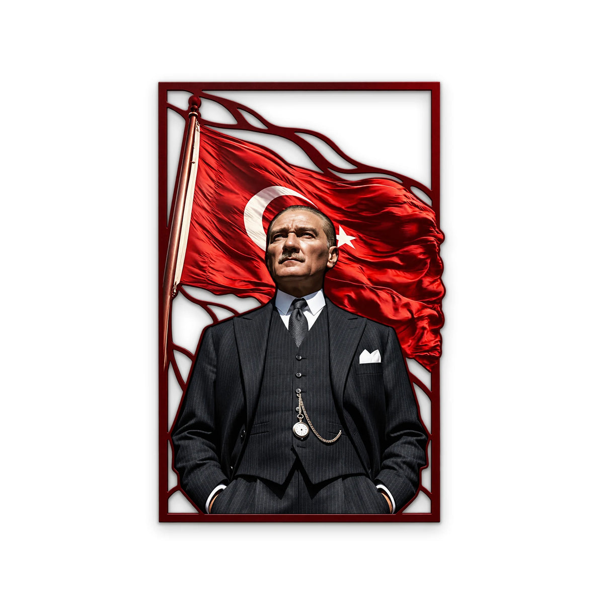 Dalgalanan Bayrak Önünde Atatürk Metal Tablo DEC0289
