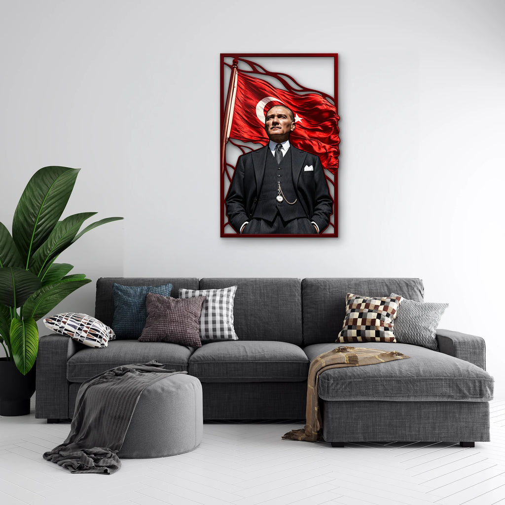 Dalgalanan Bayrak Önünde Atatürk Metal Tablo DEC0289