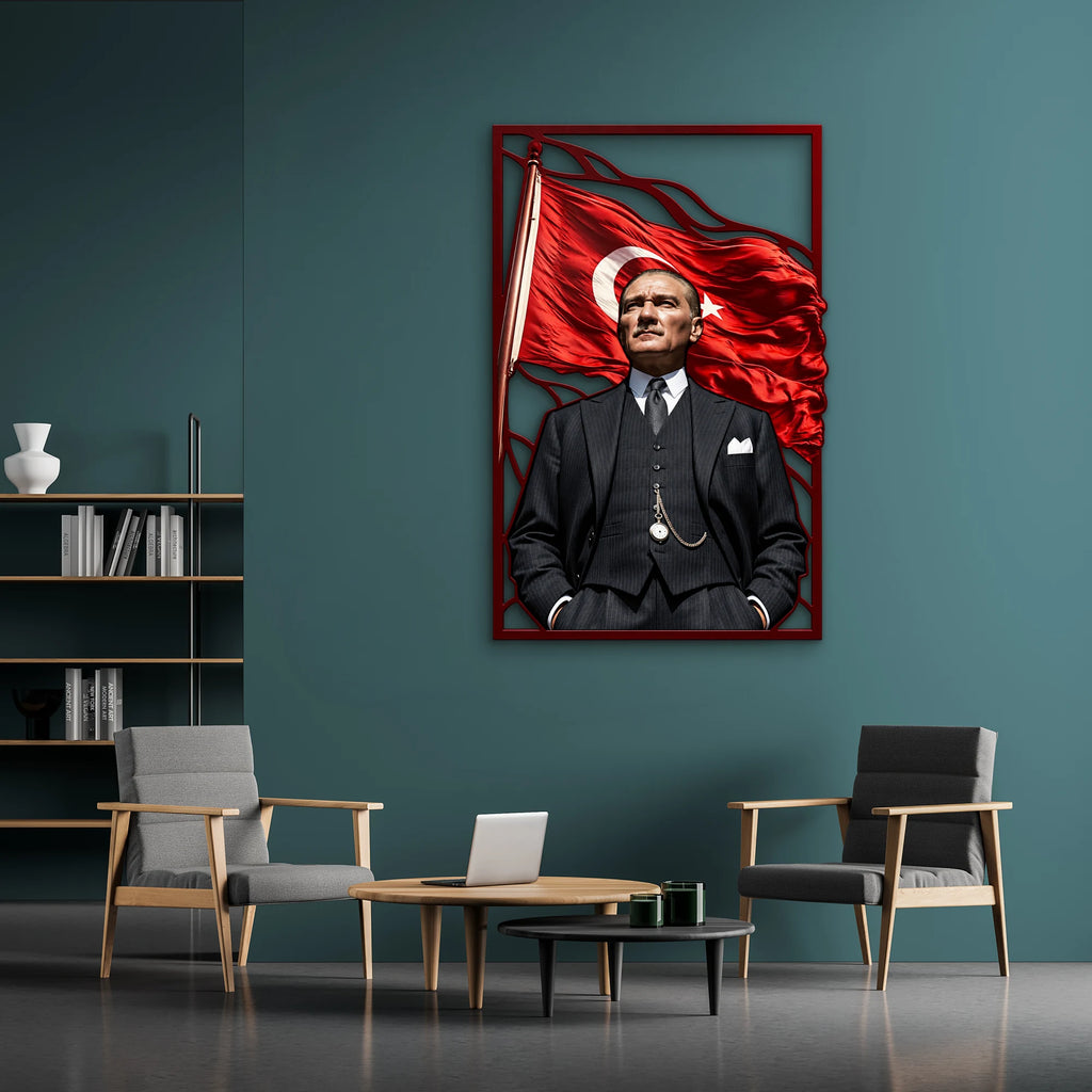 Dalgalanan Bayrak Önünde Atatürk Metal Tablo DEC0289