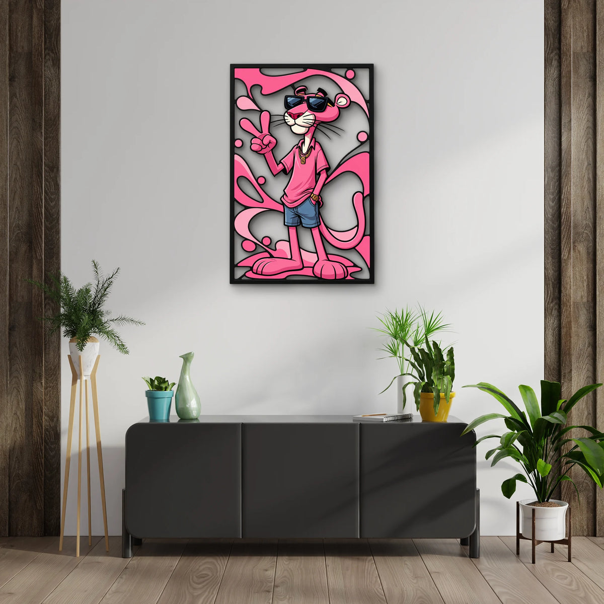 Güneş Gözlüklü Pembe Panter Metal Tablo DEC0296